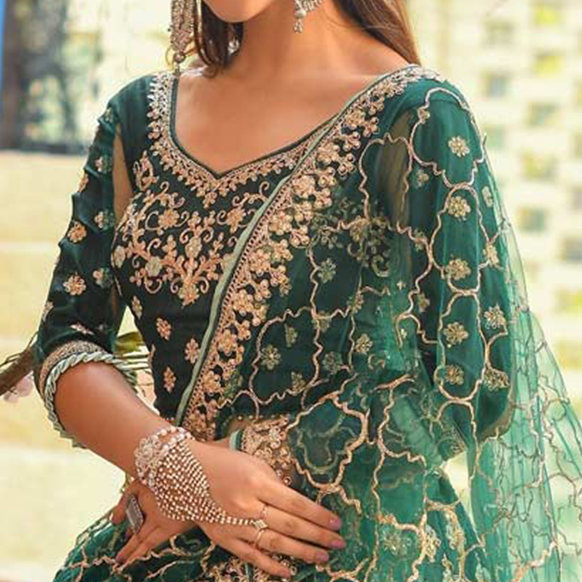 Green Floral Embroidered Pure Silk Lehenga Choli