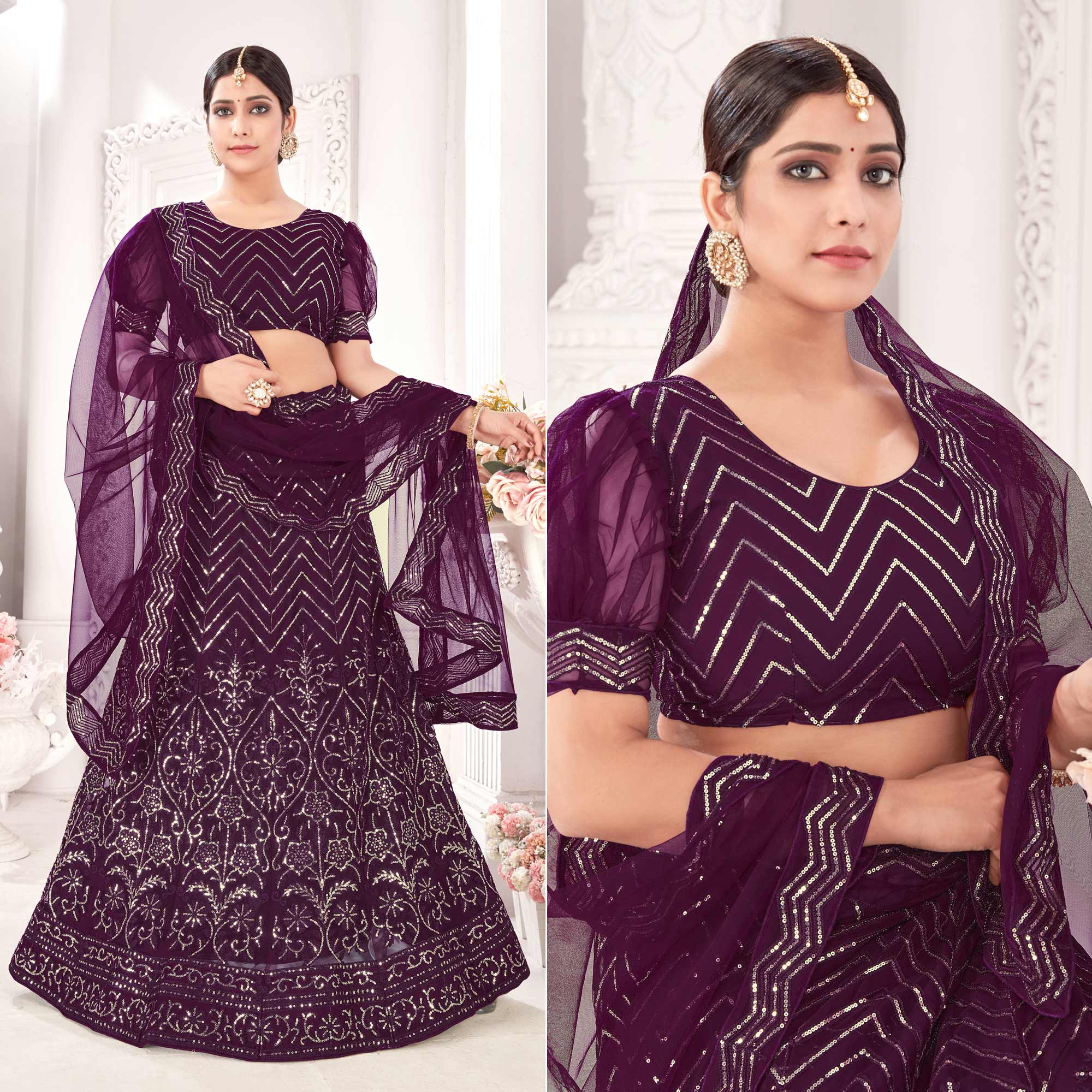Wine Sequins Embroidered Netted Lehenga Choli - Image 7