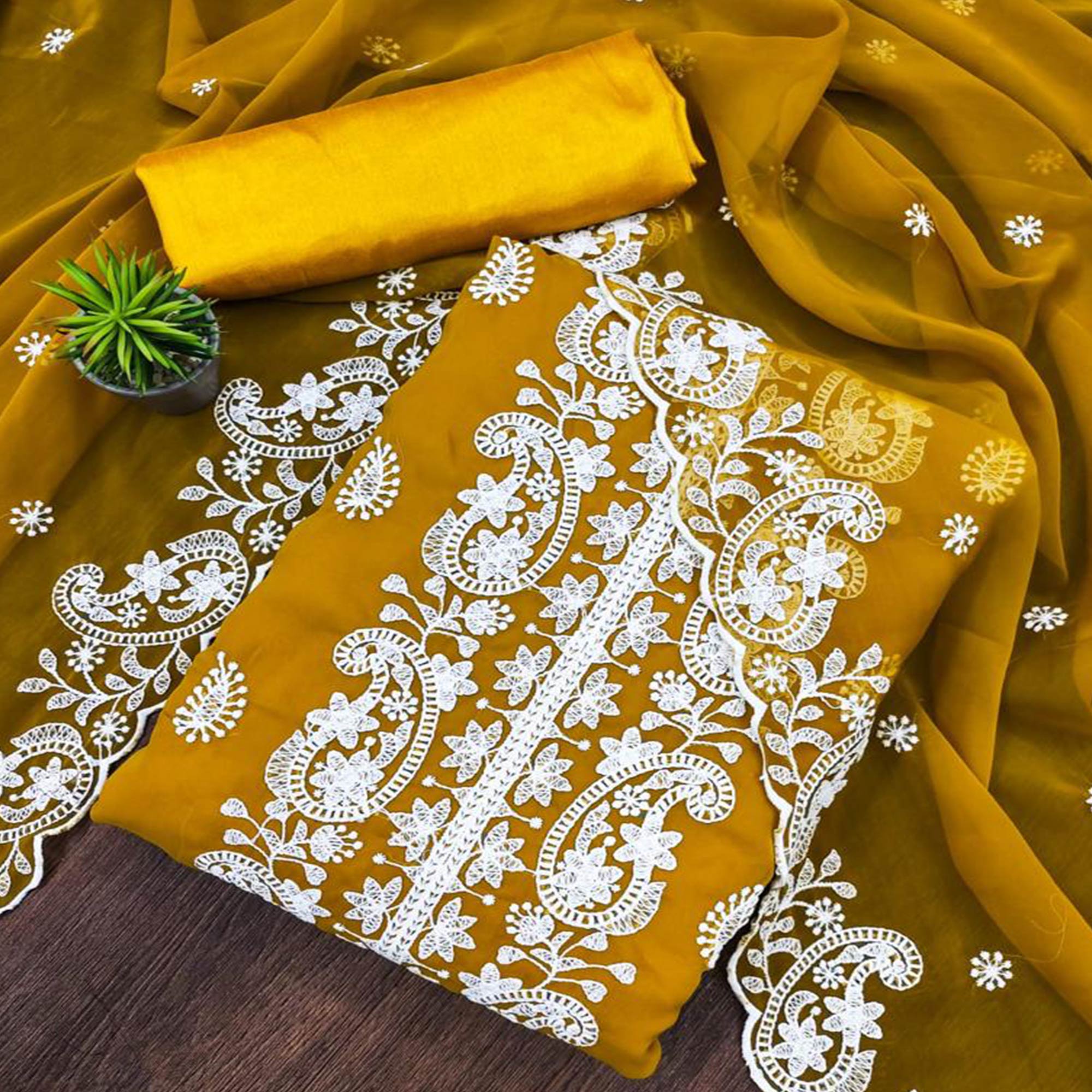 Mustard Embroidered Georgette Dress Material