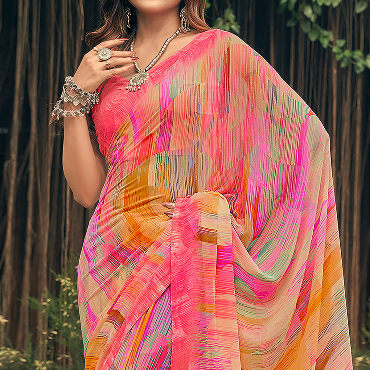 Pink Geometric Printed Georgette Saree