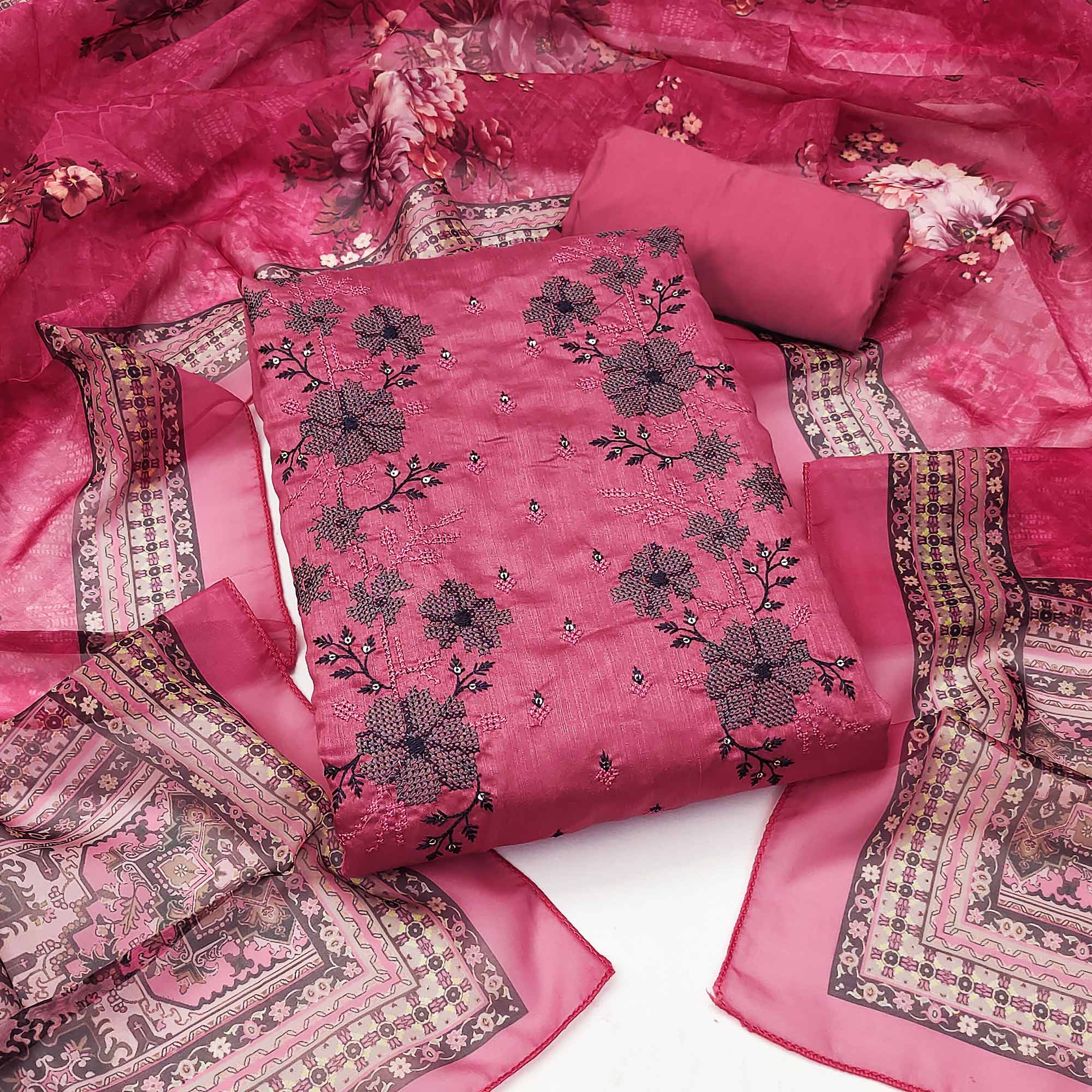 Gajari Pink Floral Sequins Embroidered Art Silk Dress Material
