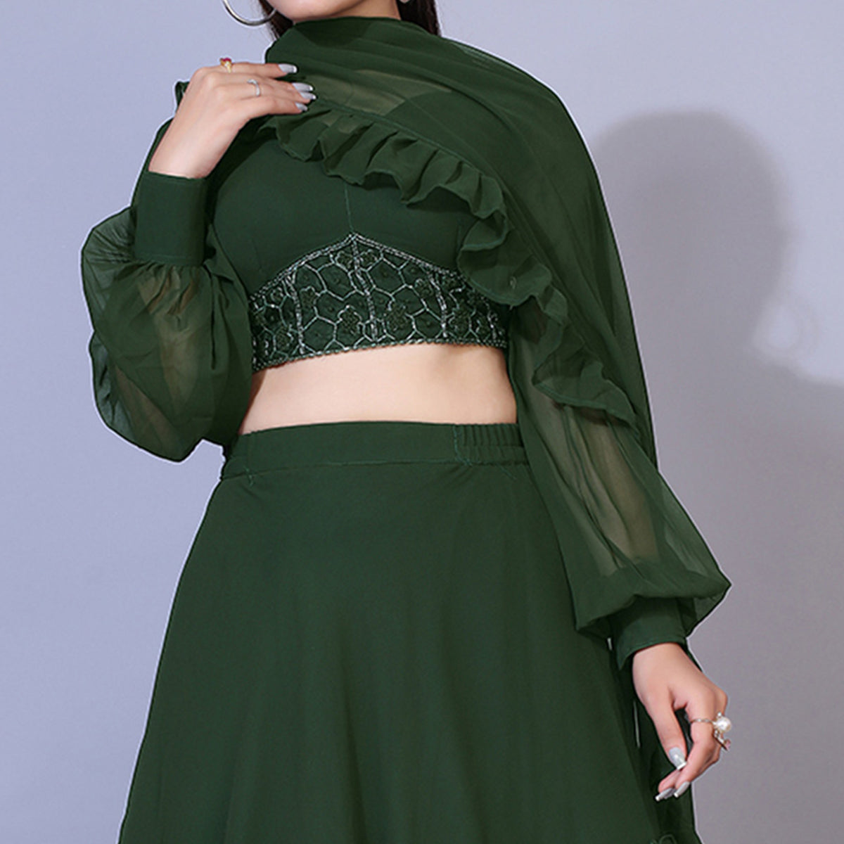 Green Solid With Handwork Georgette Lehenga Choli - Image 5