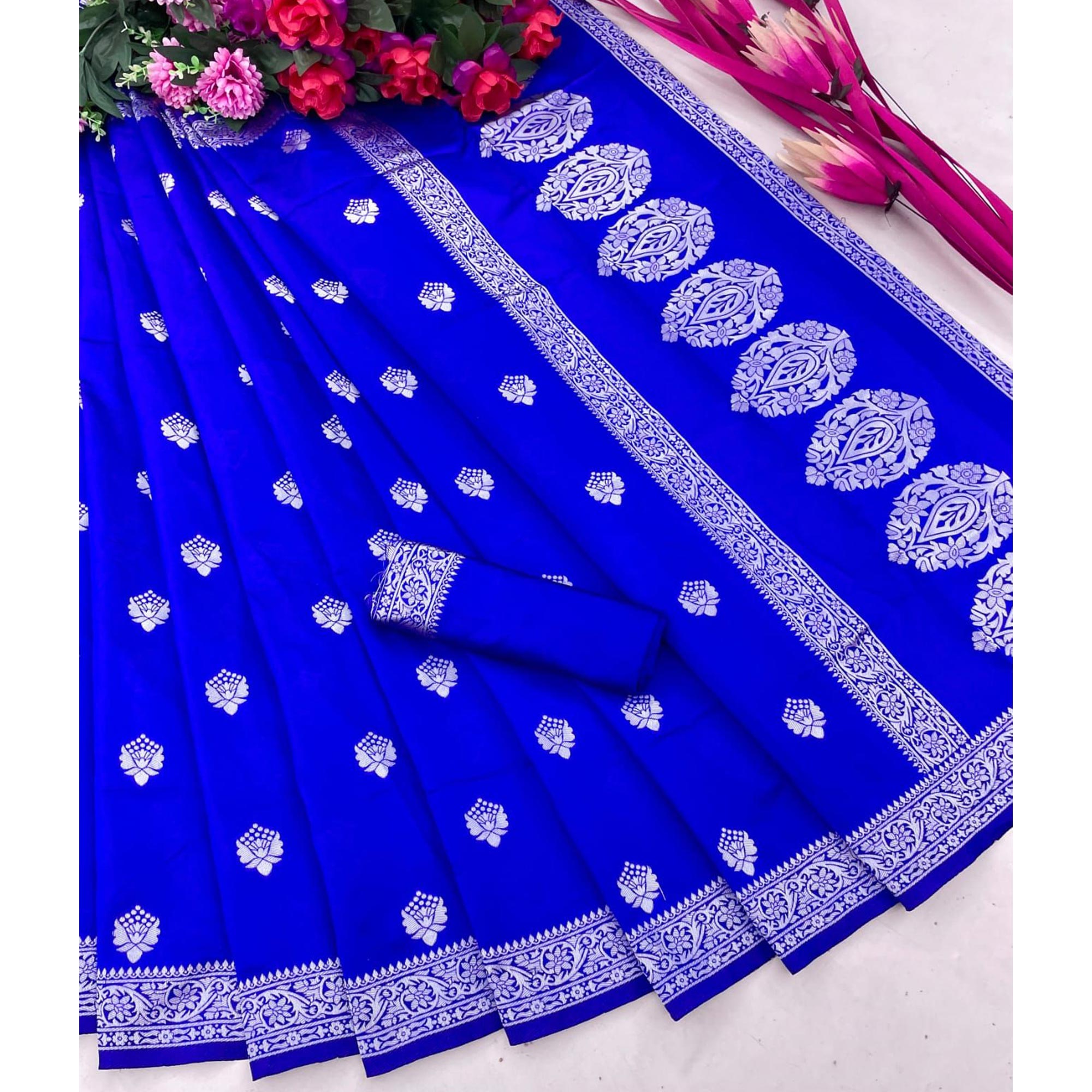 Blue Floral Woven Art Silk Saree