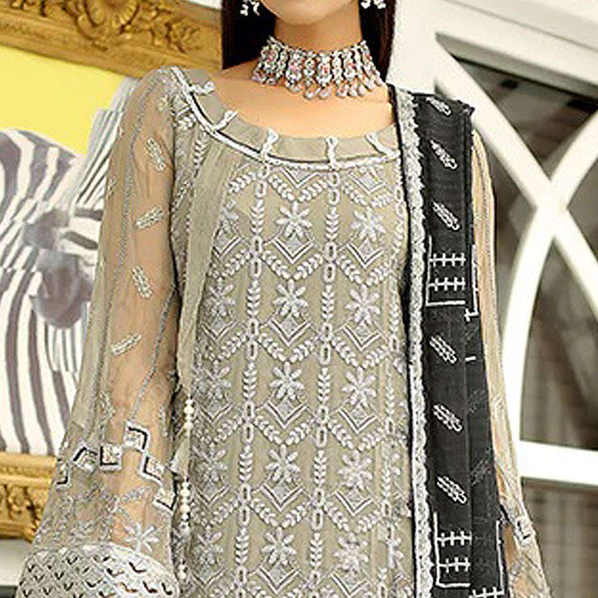 Beige Floral Embroidered Georgette Pakistani Suit