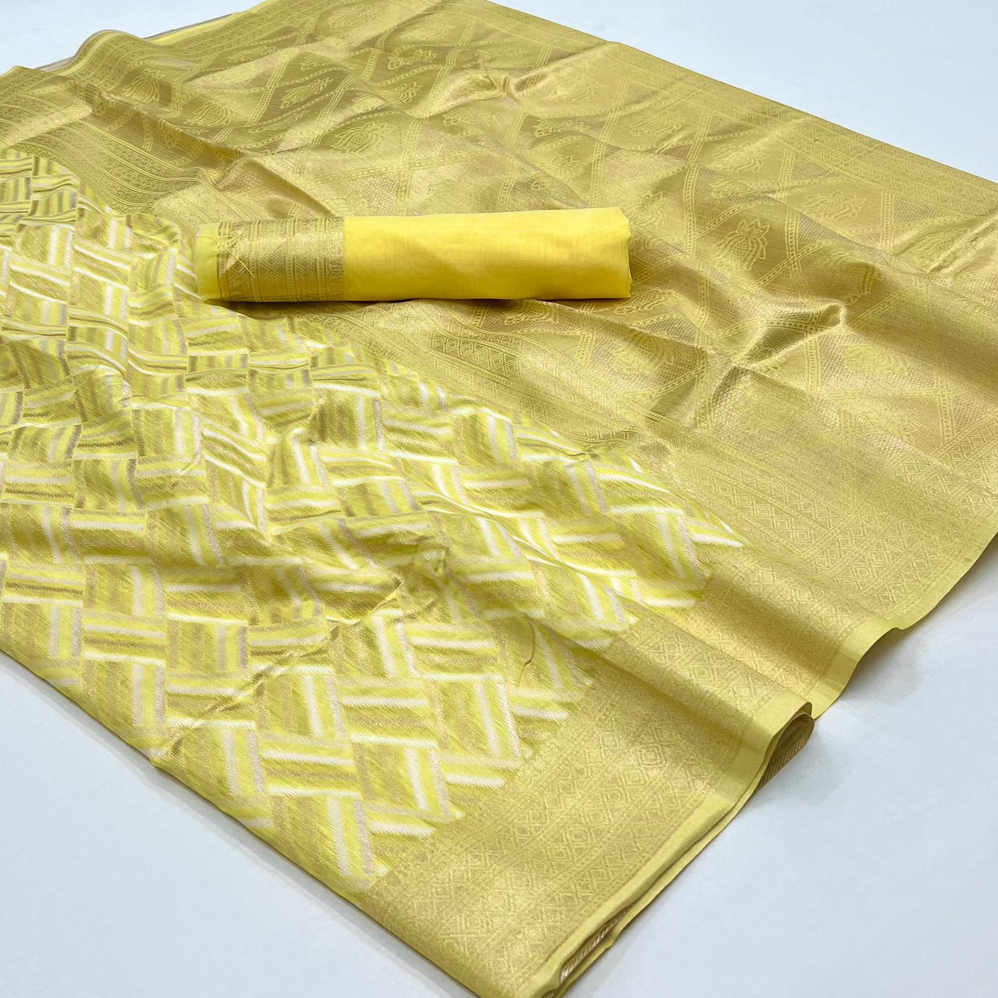 Lemon Yellow Woven Linen Saree