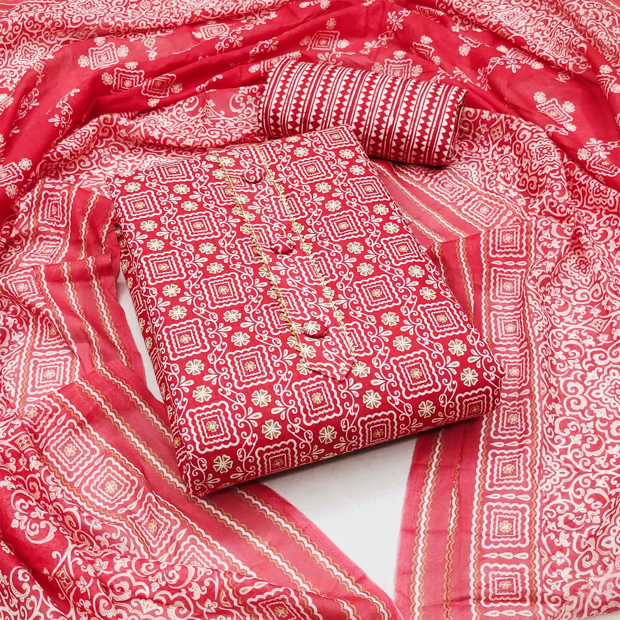 Pink Floral Printed Cotton Dress Material