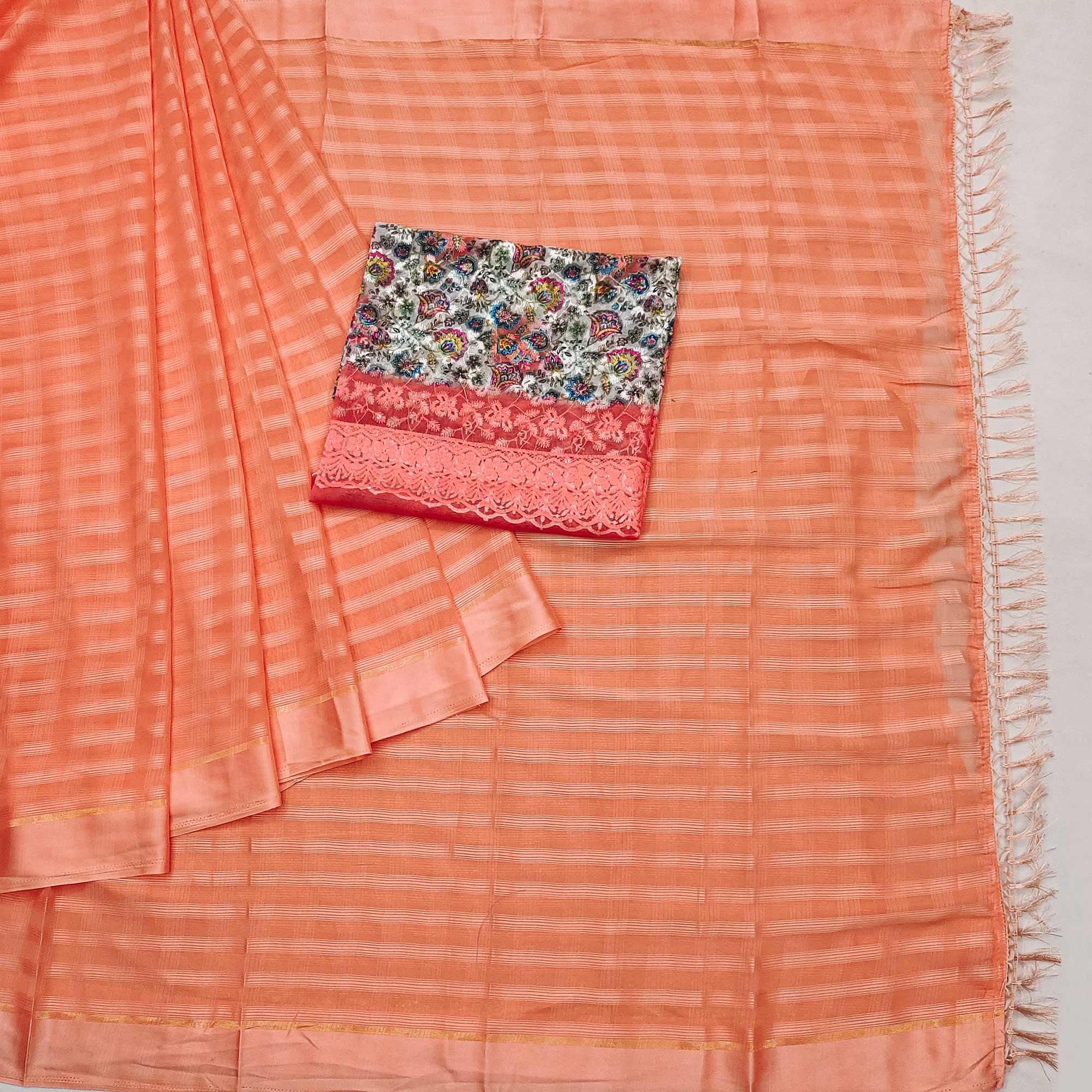 Peach Checks Pattern Satin Saree
