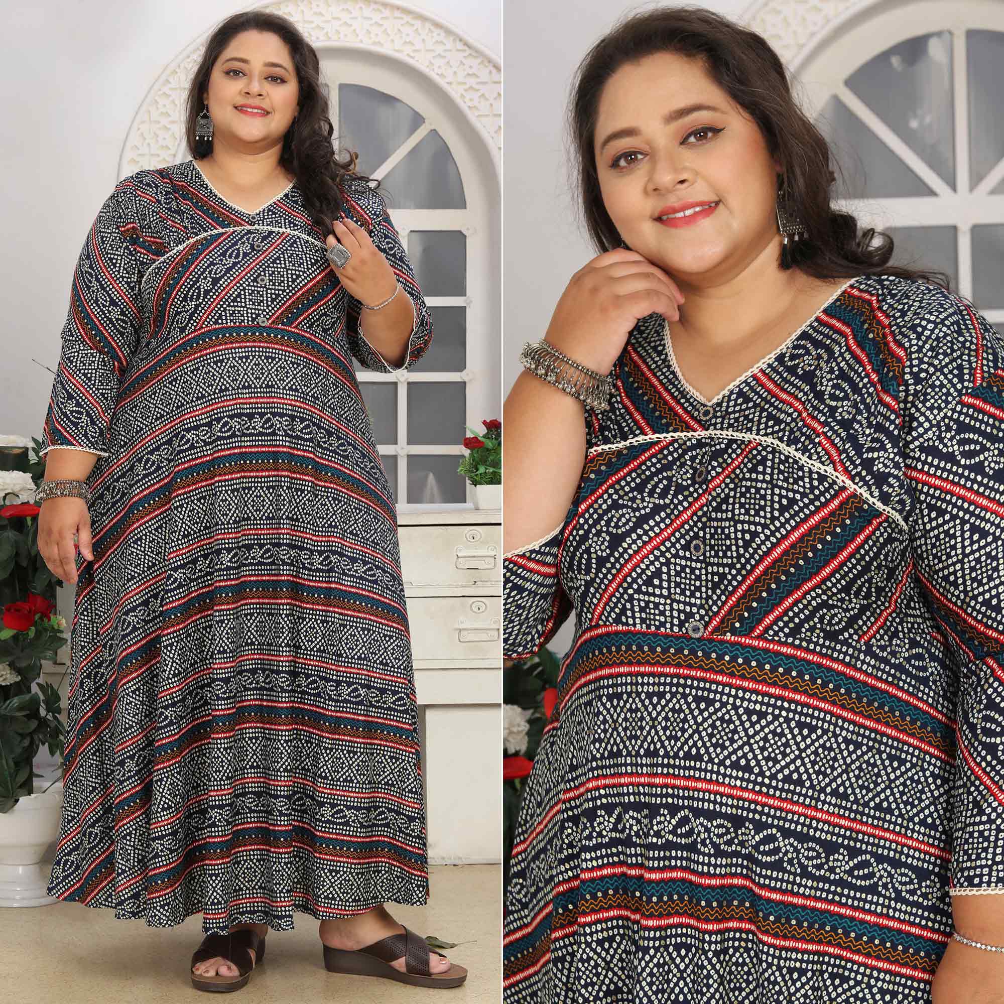 Blue Bandhani Printed Rayon Long Kurti - Image 1
