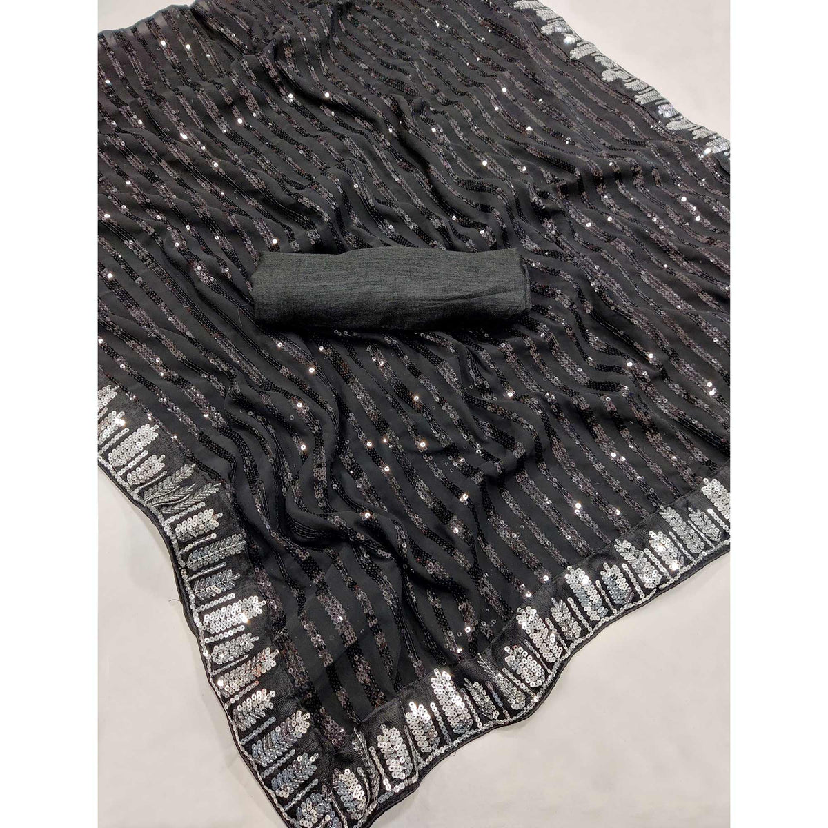 Black Sequins Embroidered Georgette Saree - Image 1