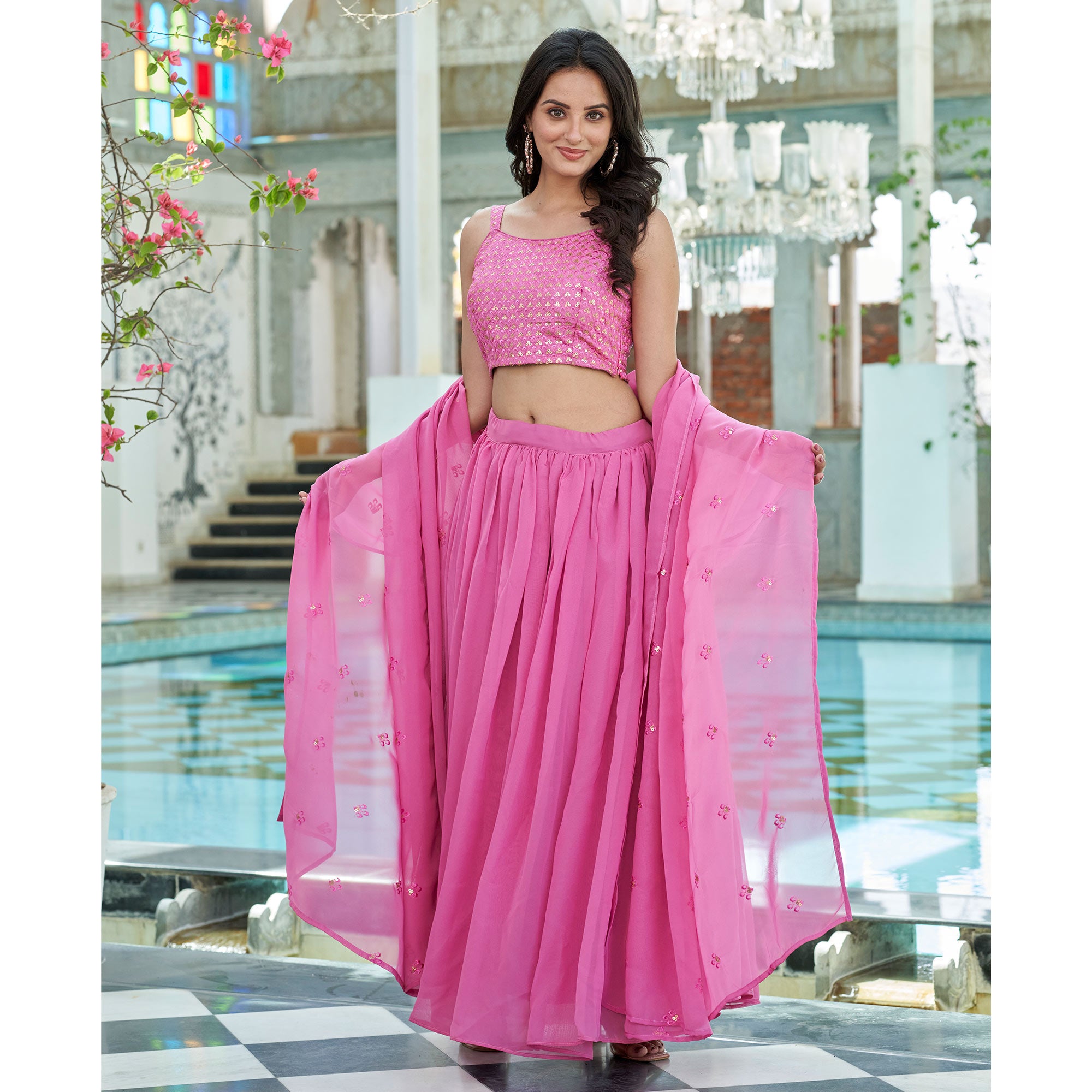 Pink Sequins Embroidered Georgette Lehenga Choli