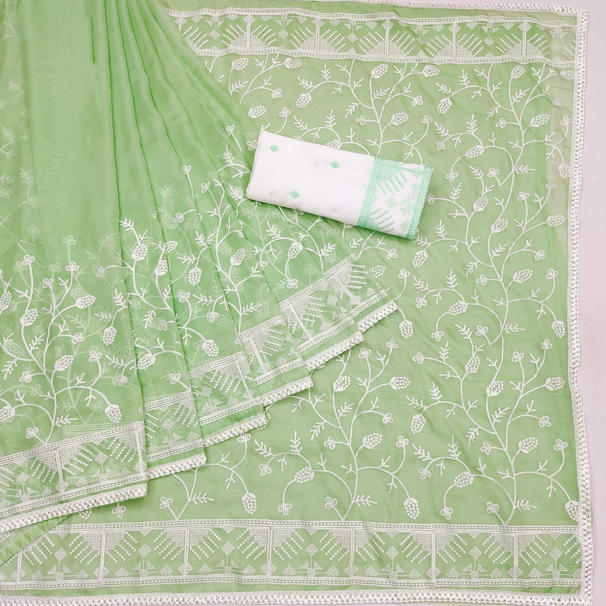 Pista Green Lucknowi Work Organza Saree