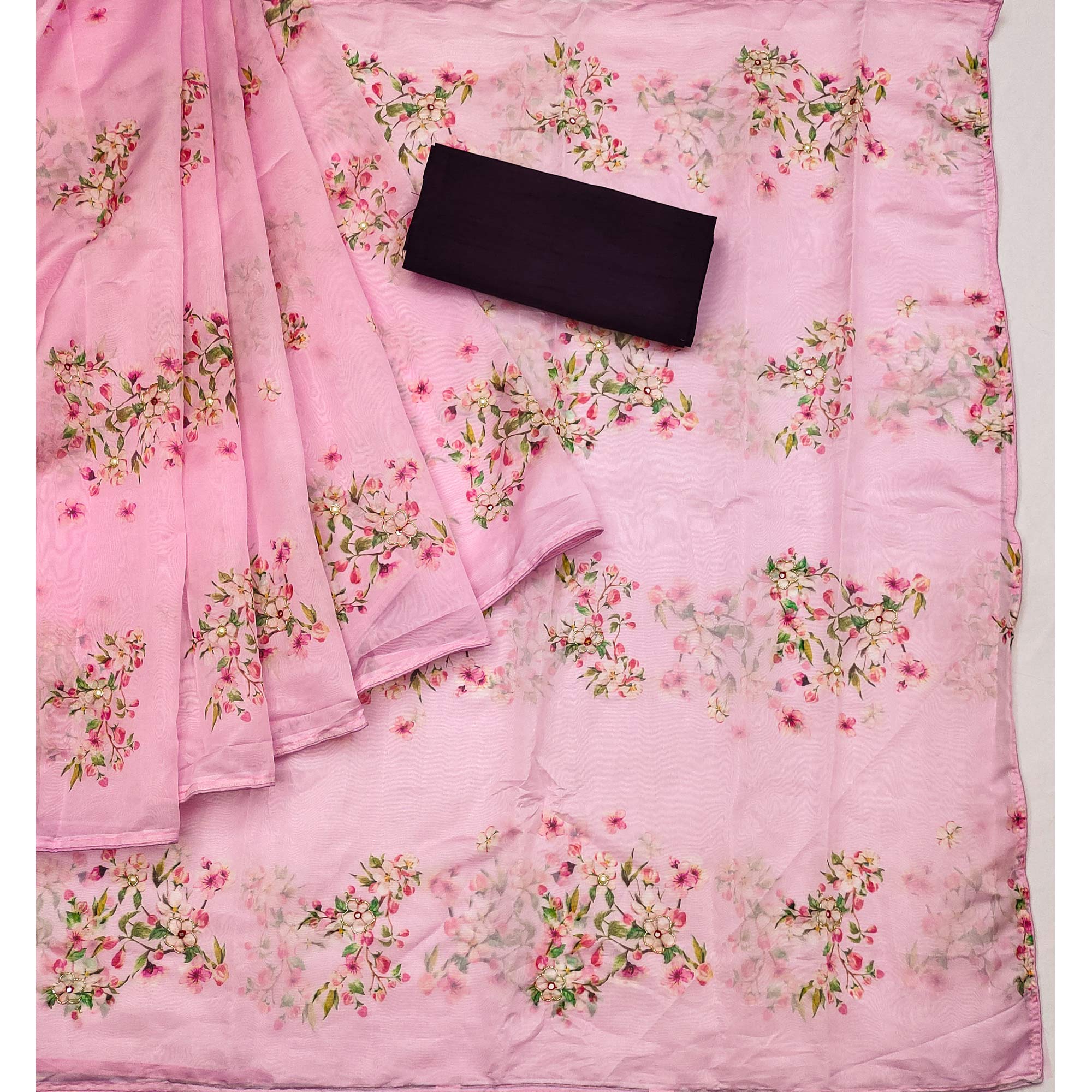Pink Floral Printed With Khatli Work Organza Saree