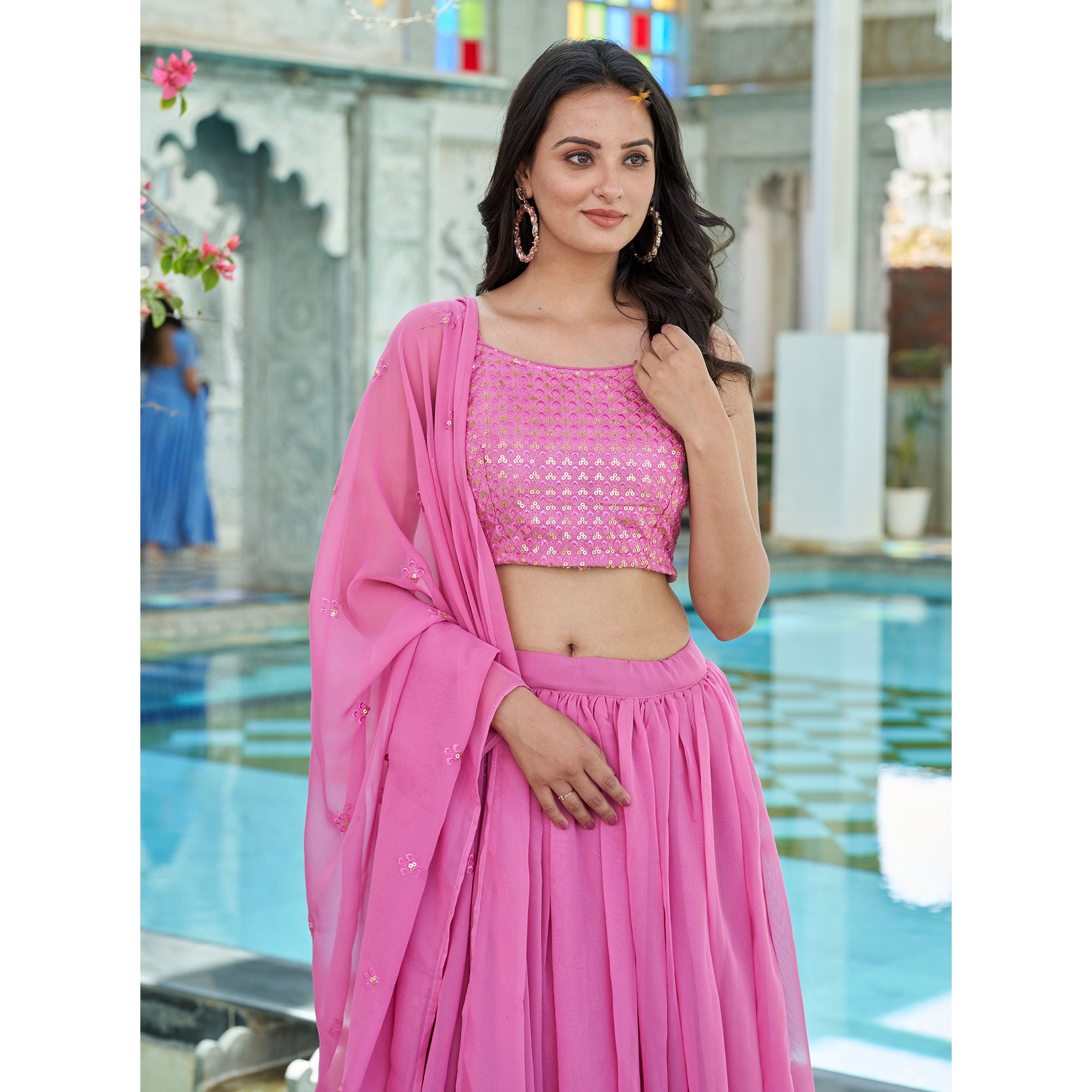 Pink Sequins Embroidered Georgette Lehenga Choli