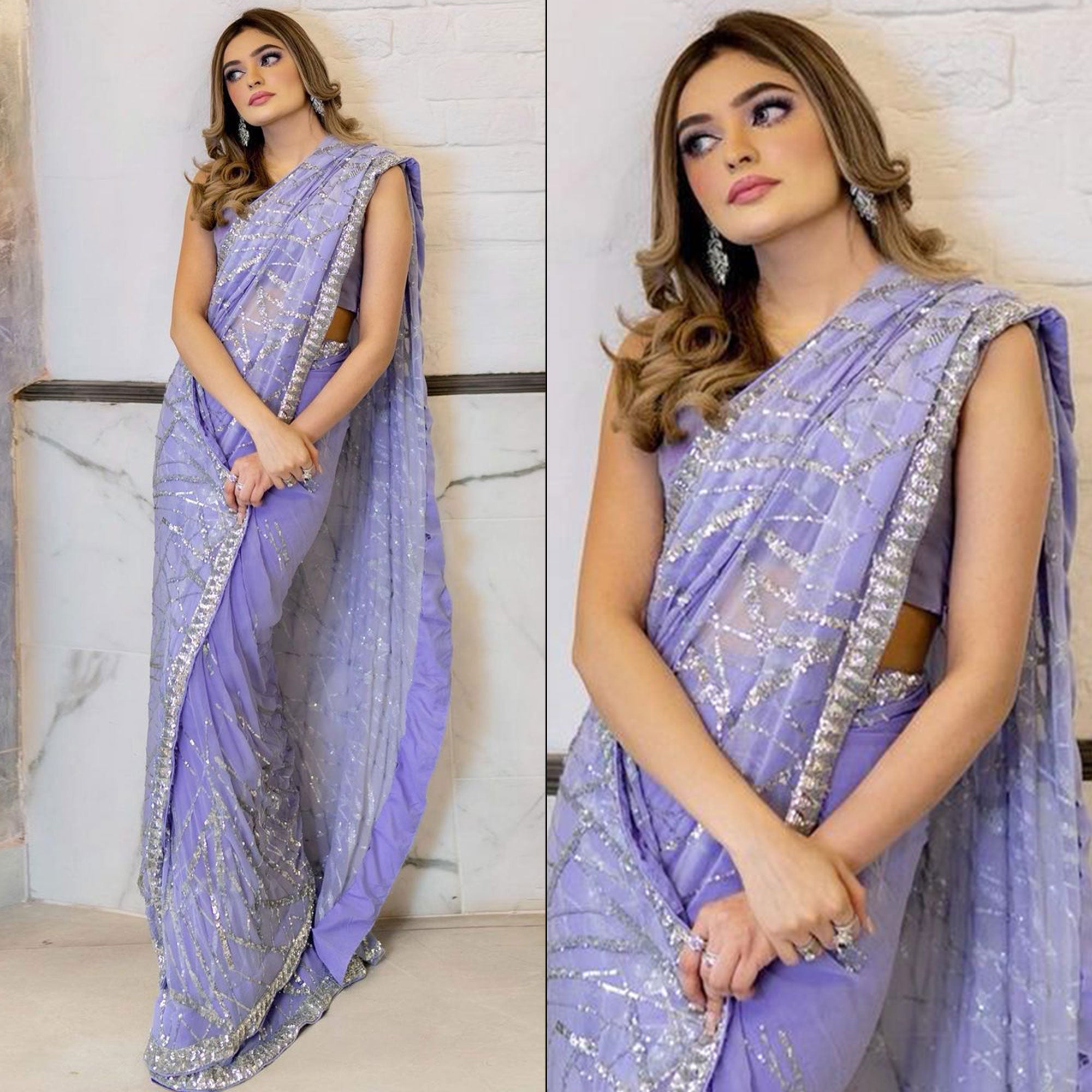Light Purple Sequins Embroidered Georgette Saree
