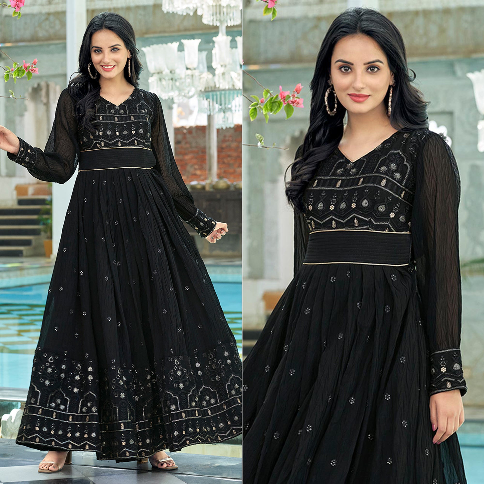 Black Sequins Embroidered Georgette Gown