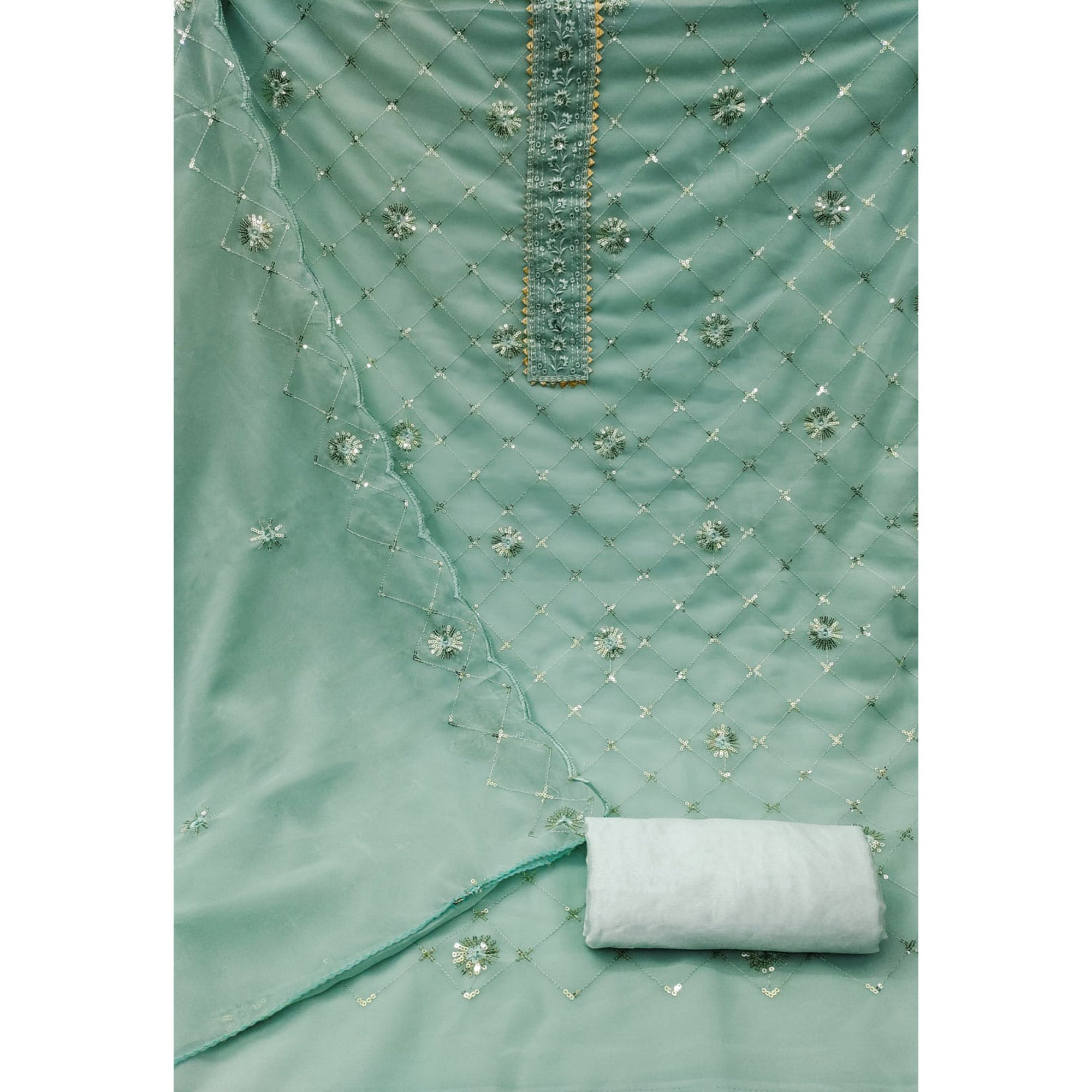 Green Embroidered Sequins Georgette Dress Material