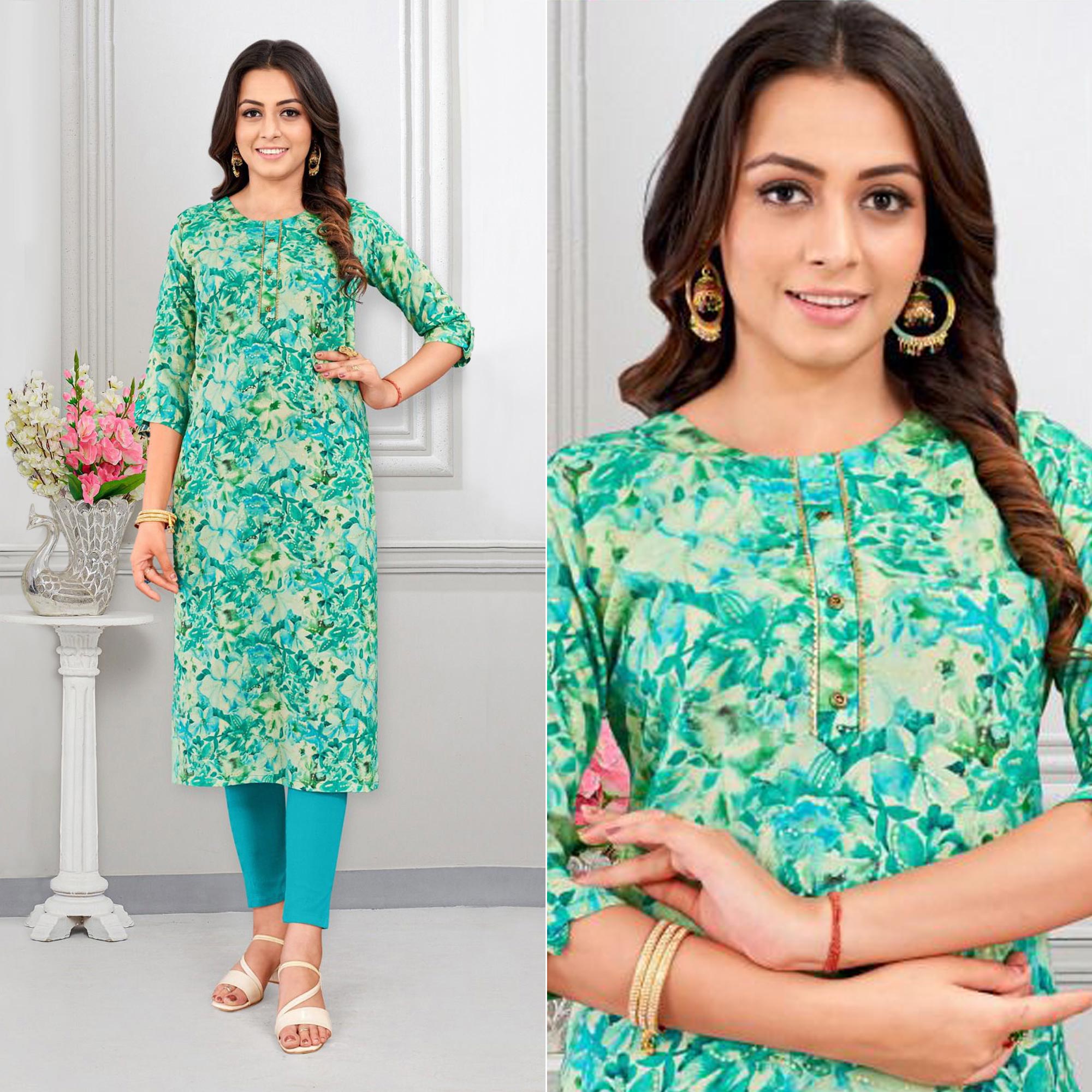 Turquoise Floral Foil Printed Rayon Kurti