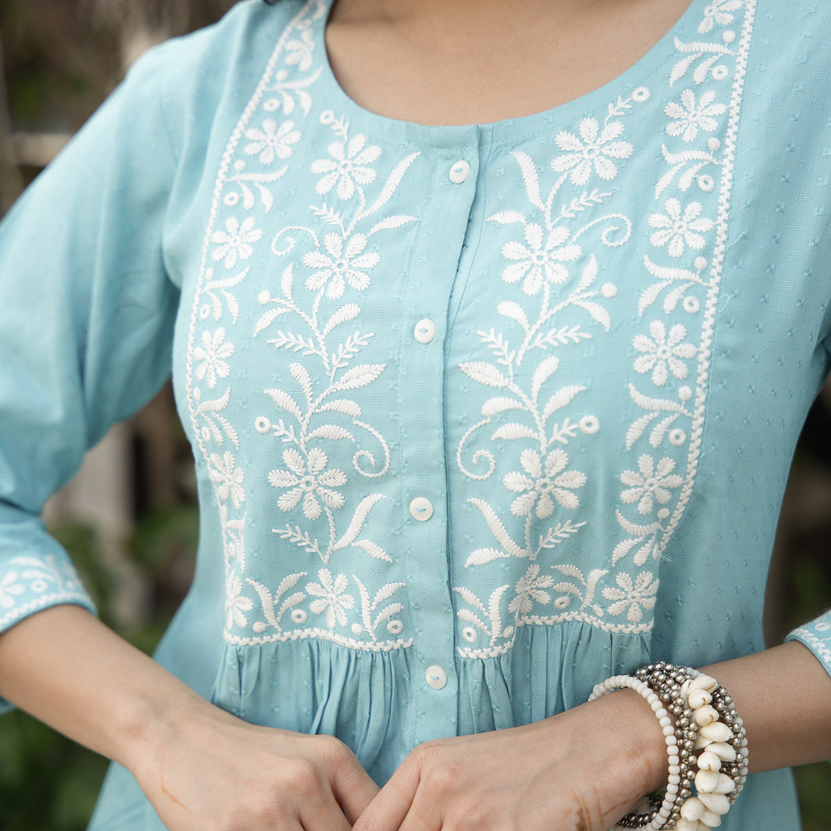 Blue Floral Embroidered Rayon Kurti