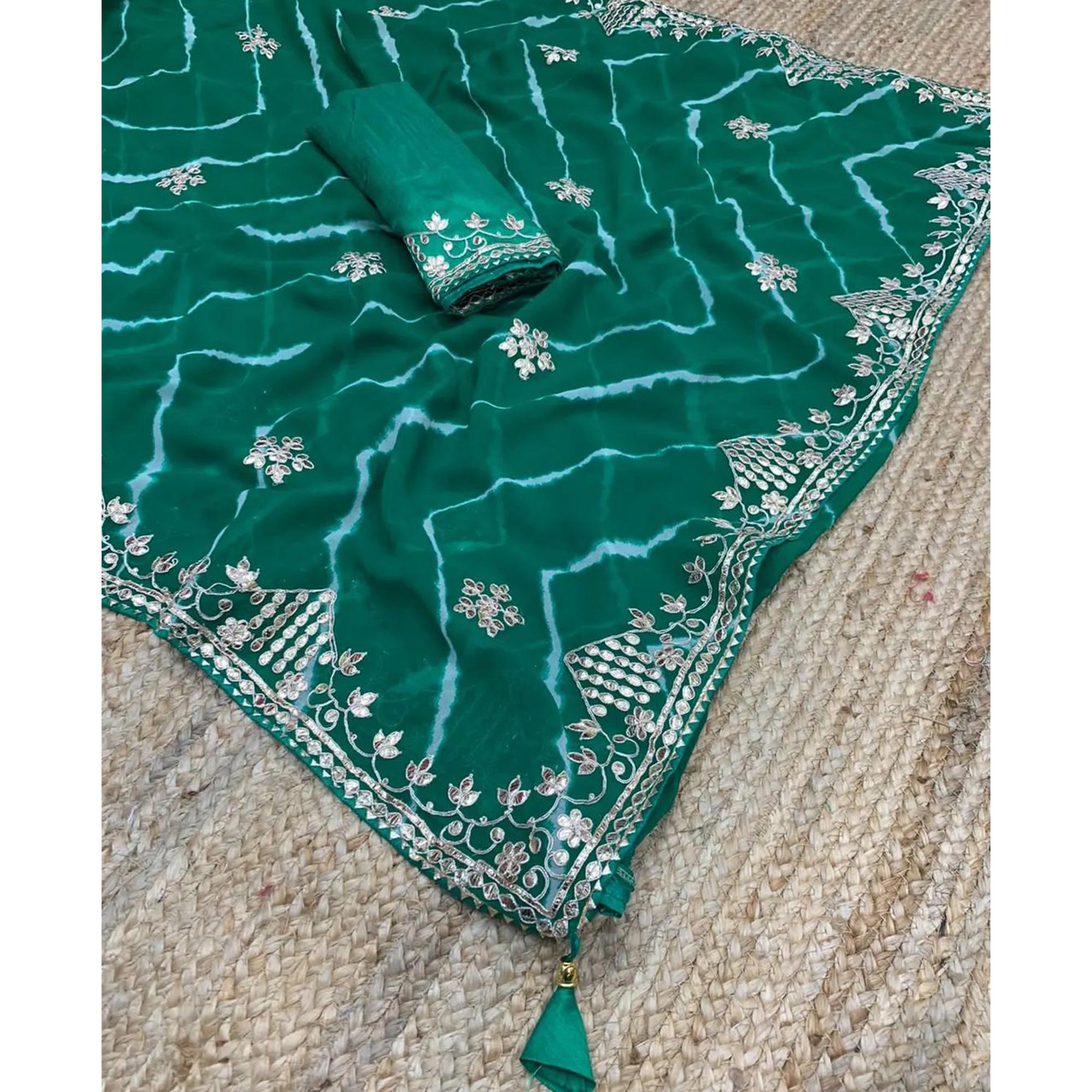 Green Printed With Gota Work Georgette Saree