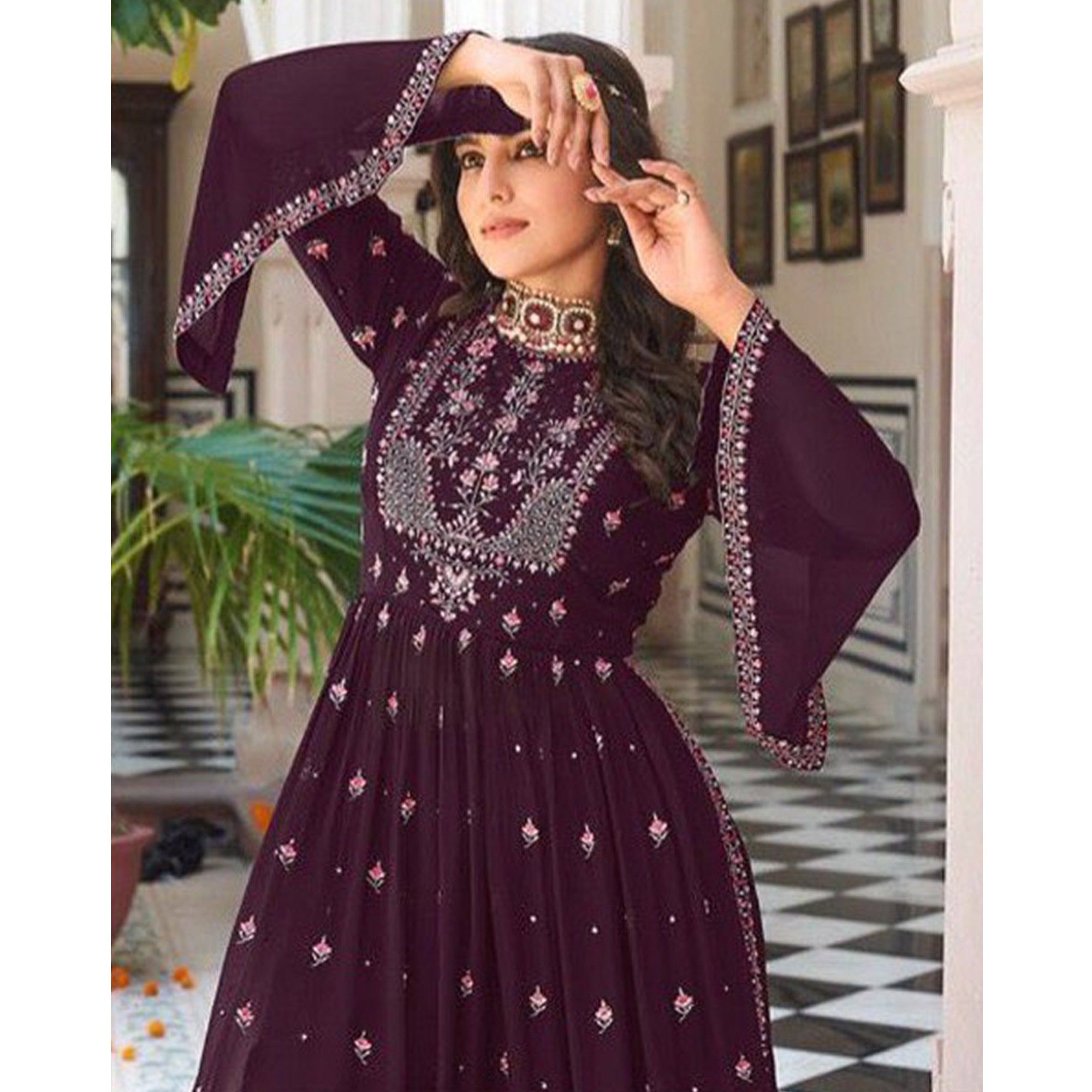 Purple Floral Embroidered Georgette Naira Cut Sharara Suit