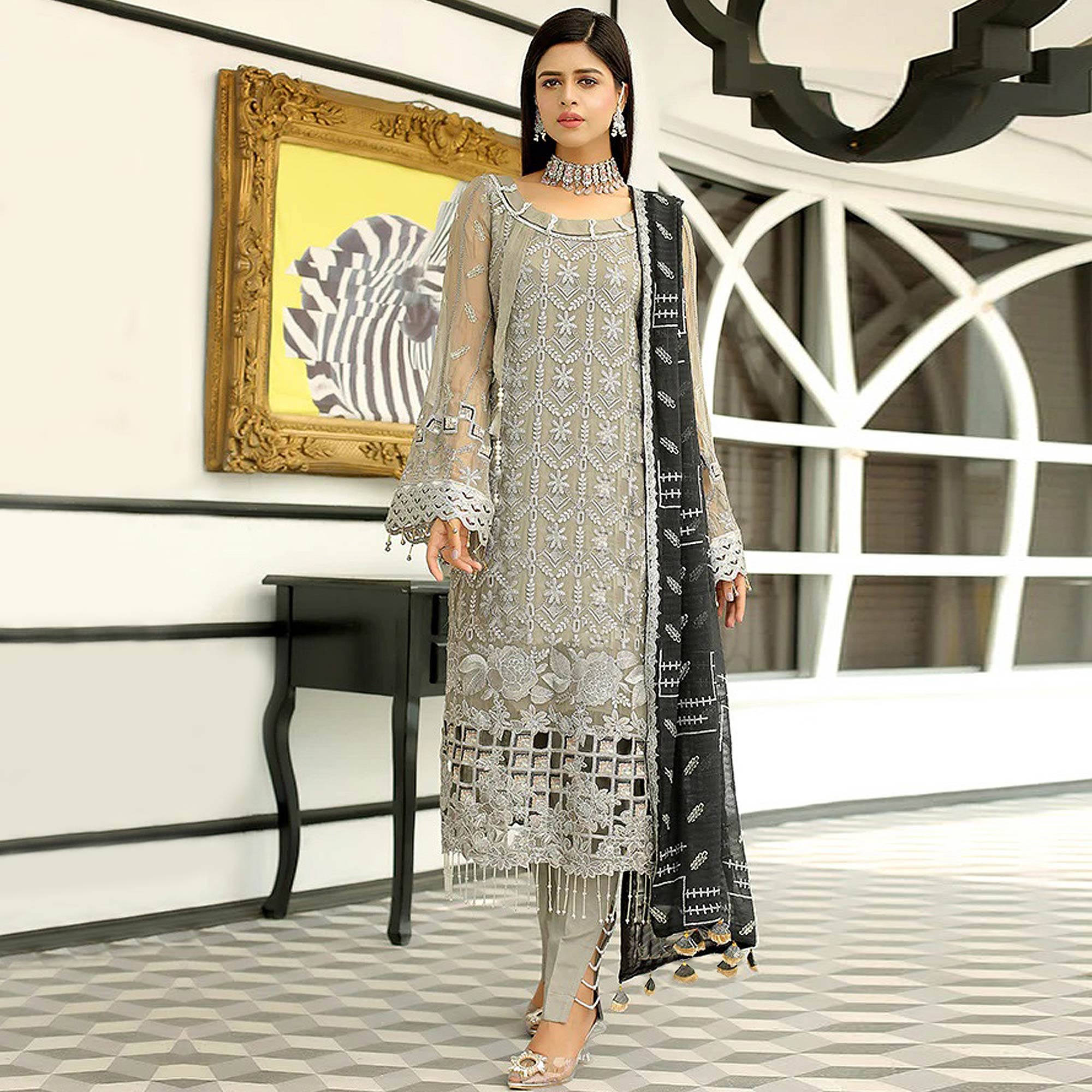 Beige Floral Embroidered Georgette Pakistani Suit