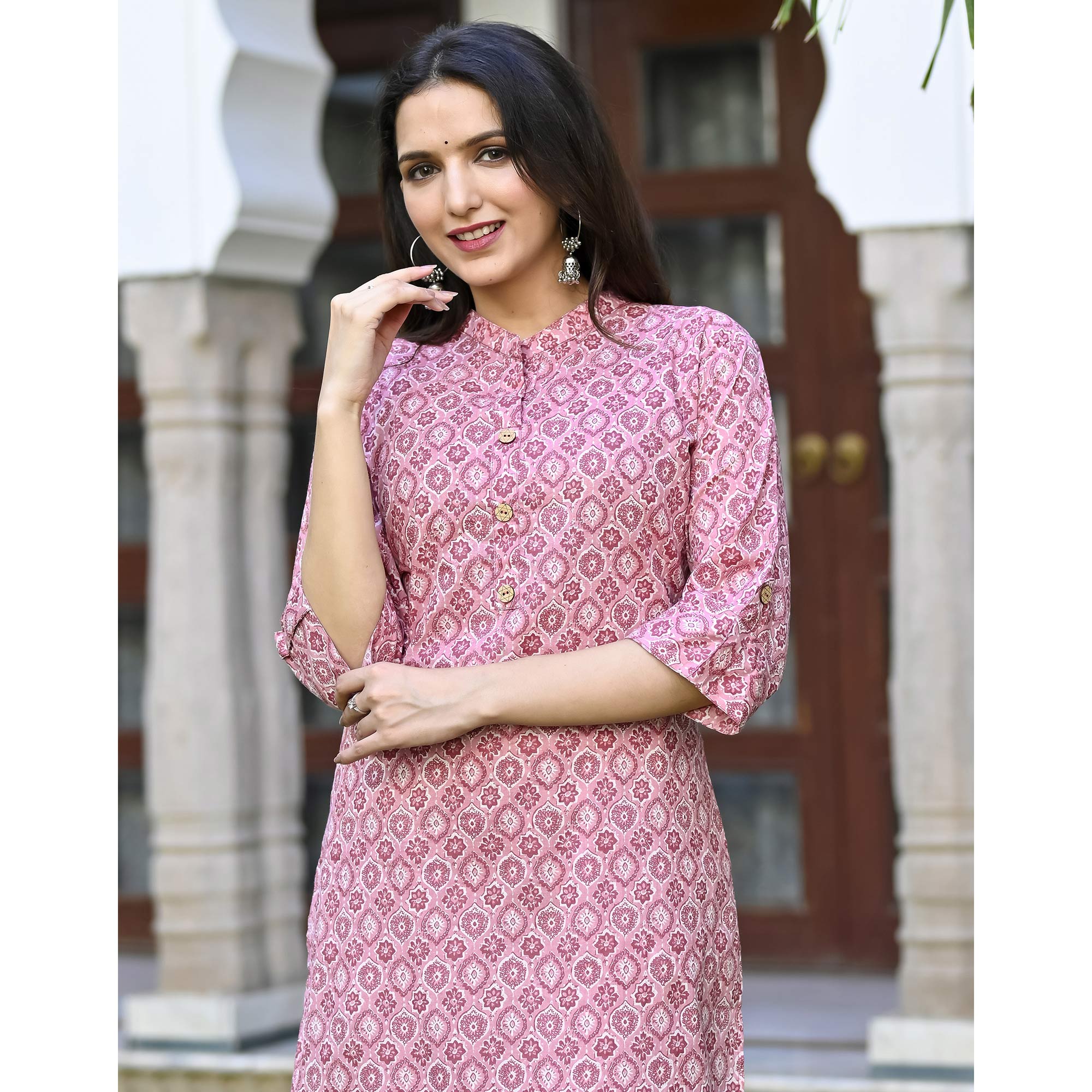 Pink Floral Printed Pure Cotton Kurti