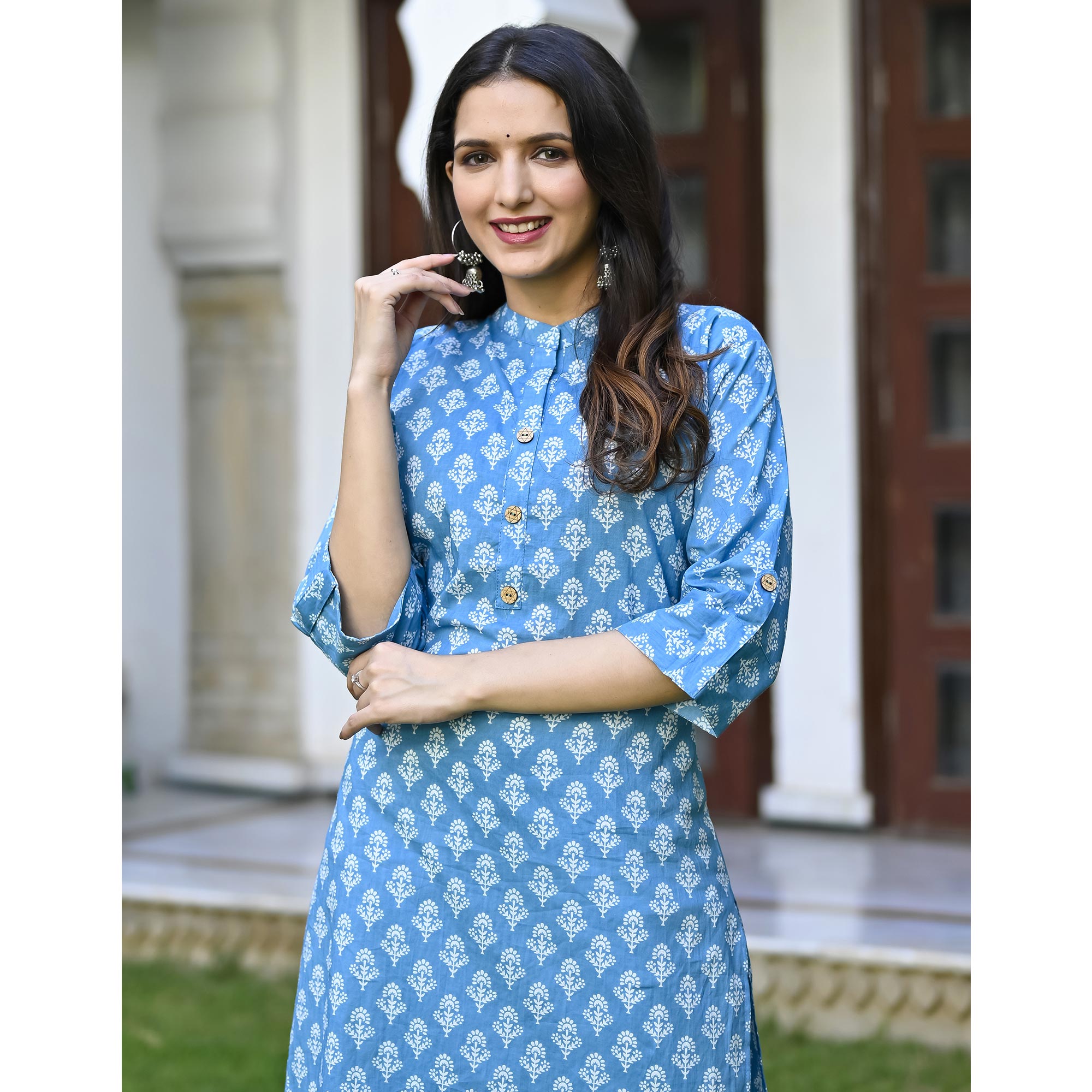 Blue Floral Printed Pure Cotton Kurti