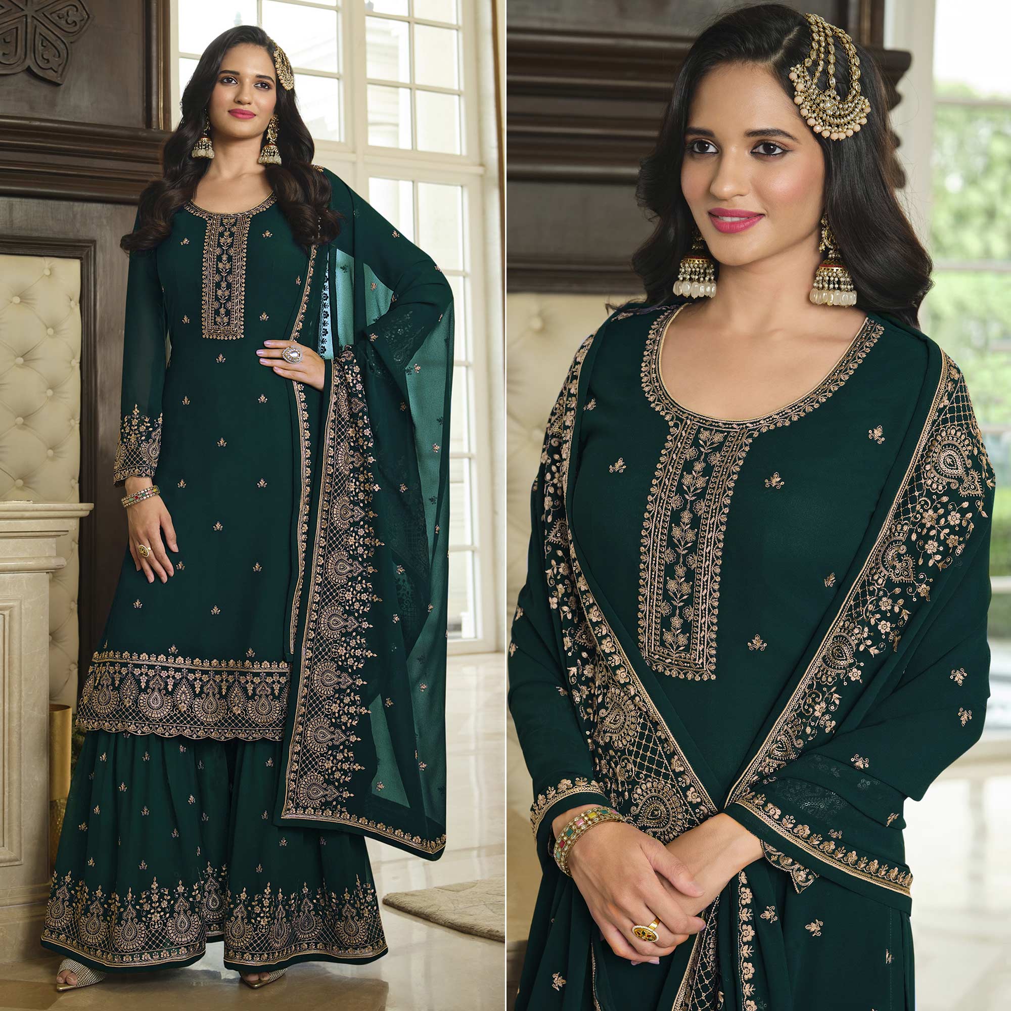Green Floral Embroidered Georgette Sharara Suit - Image 2