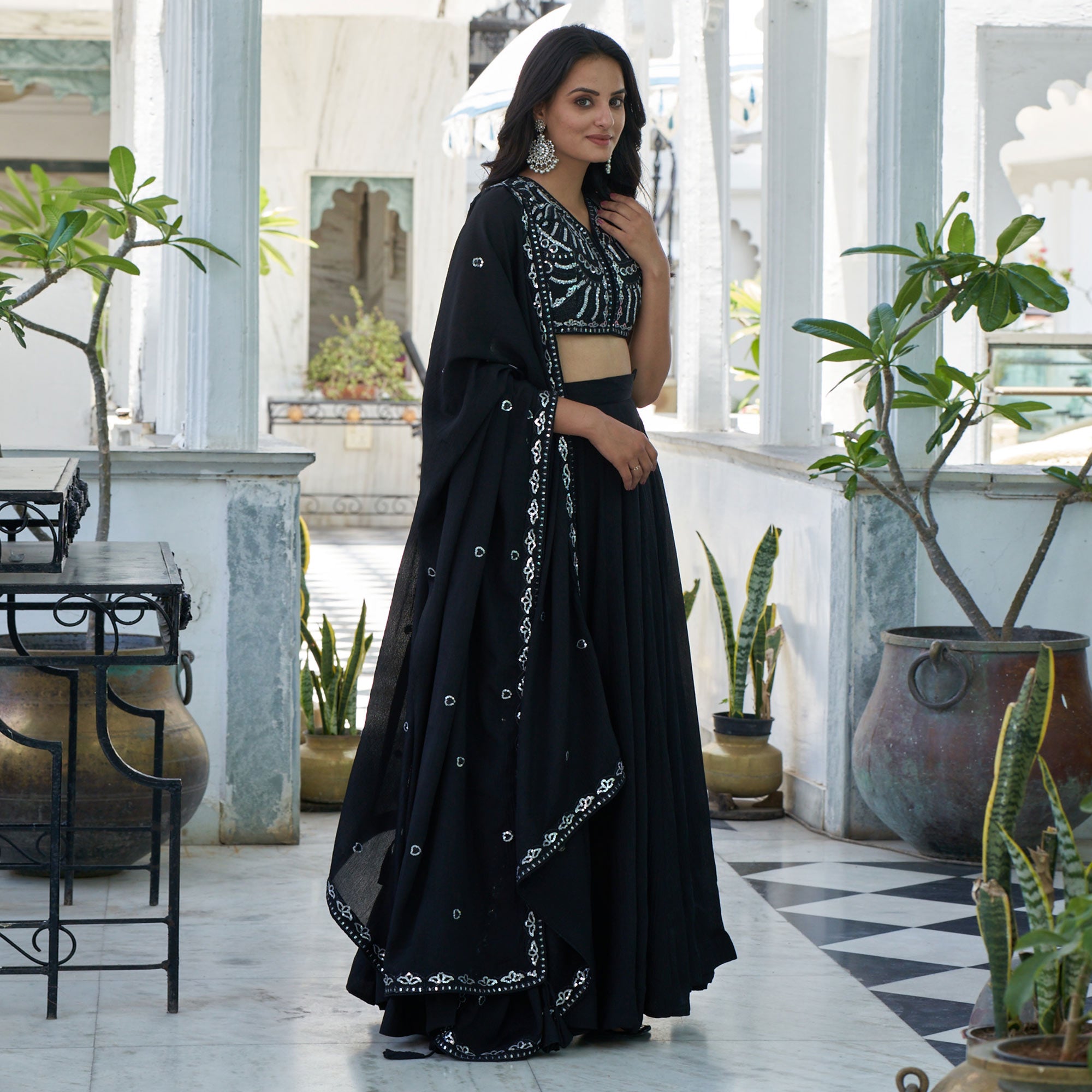 Black Sequins Embroidered Chiffon Lehenga Choli