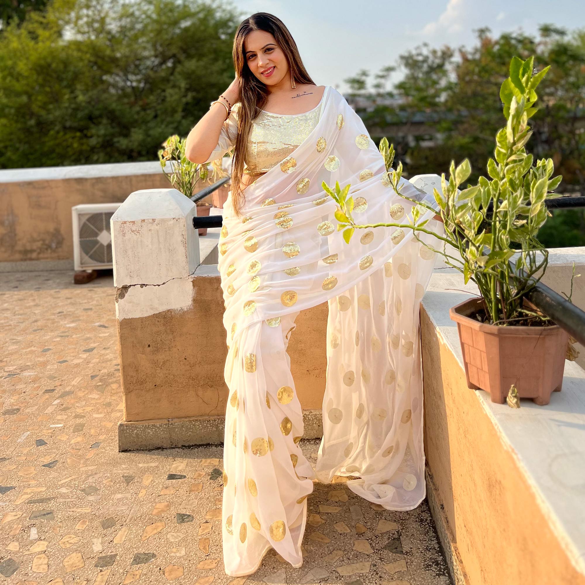 White Sequins Embroidered Georgette Saree