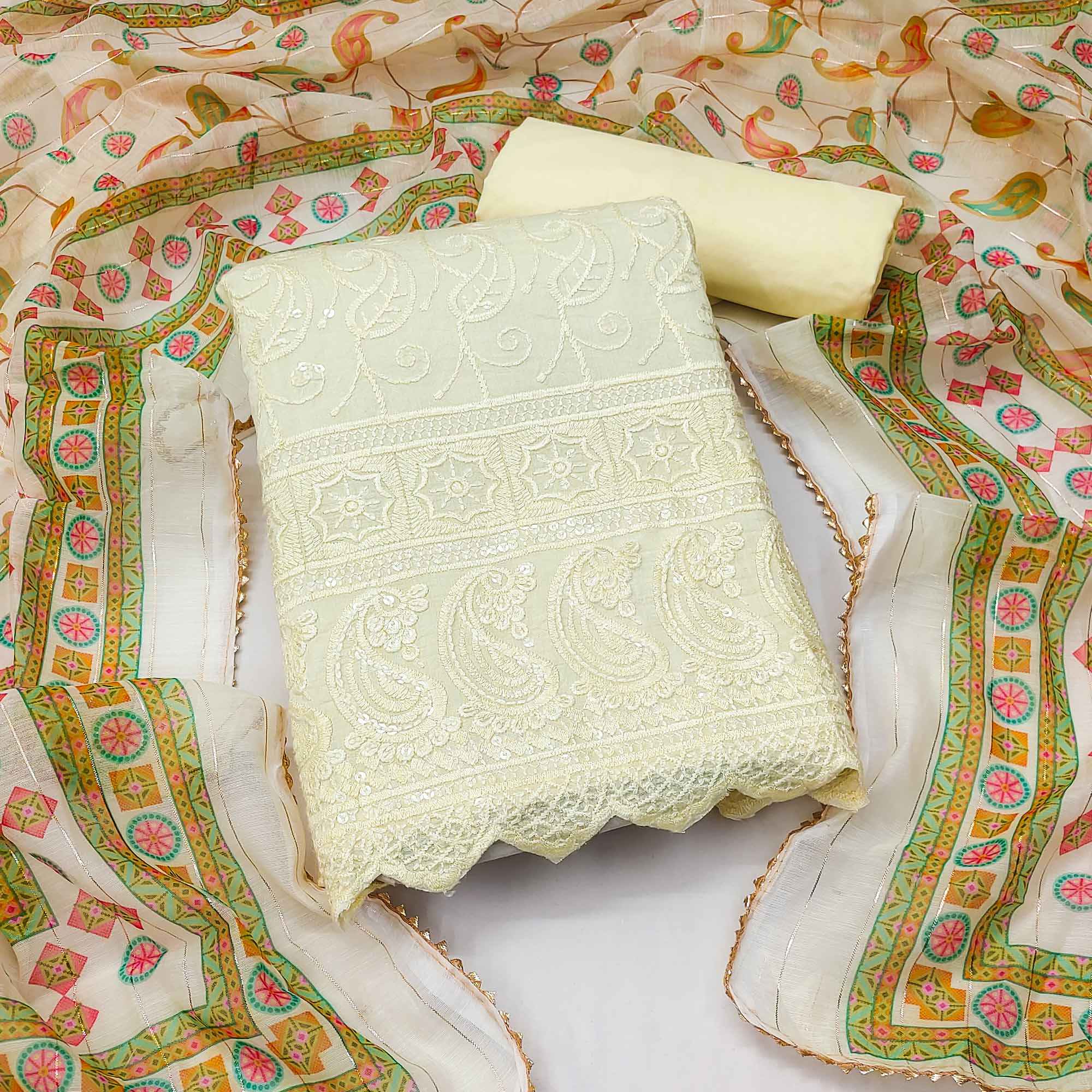 Light Yellow Embroidered Cotton Blend Dress Material