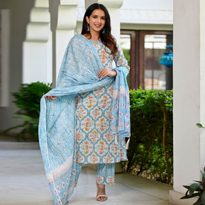 Blue Floral Printed Pure Cotton Suit