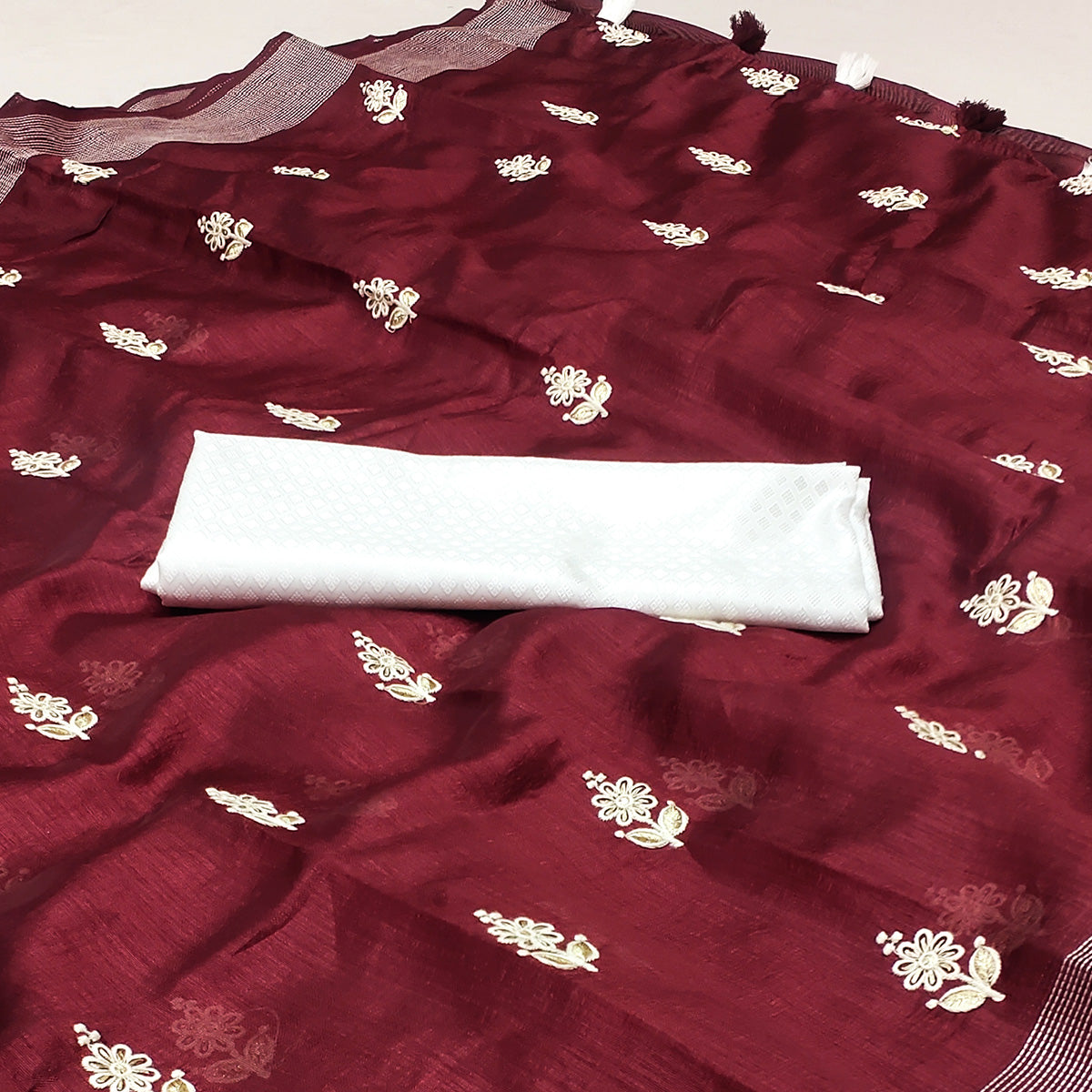 Maroon Floral Embroidered Cotton Blend Saree