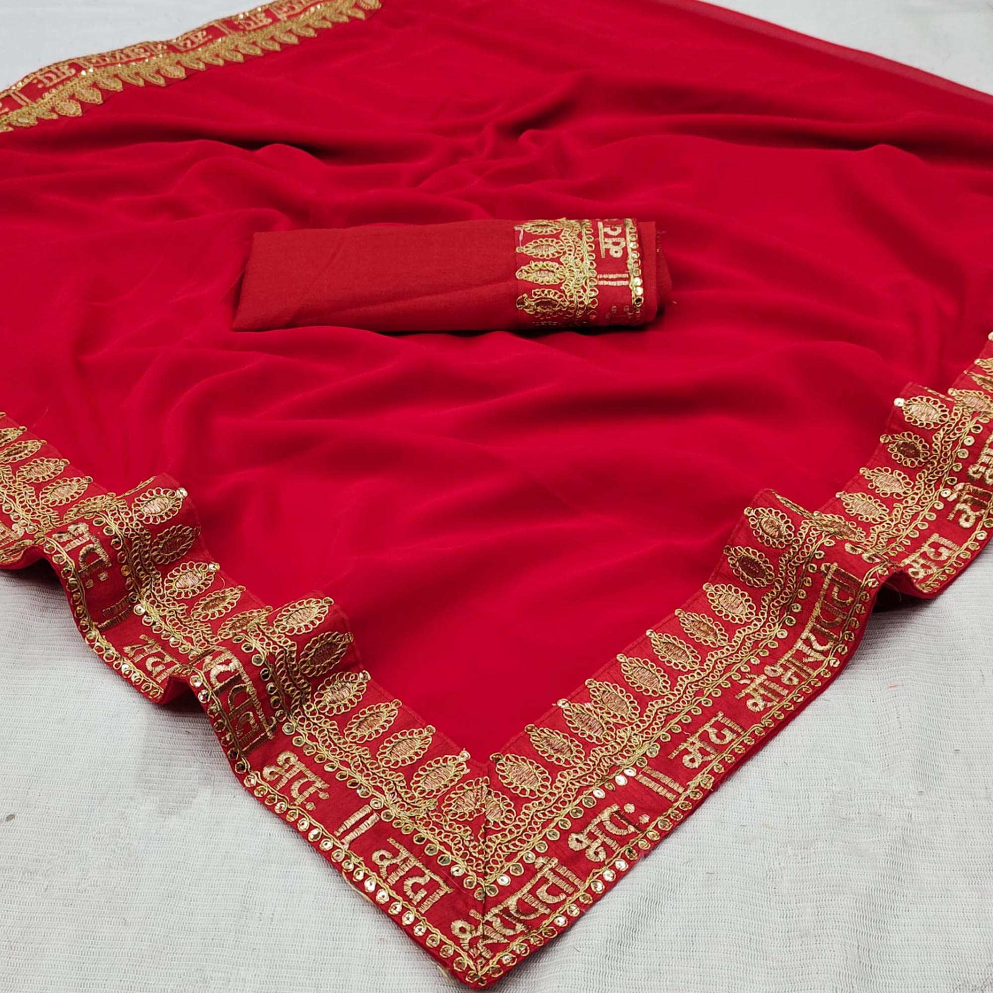 Red Embroidered Border Georgette Saree - Image 4
