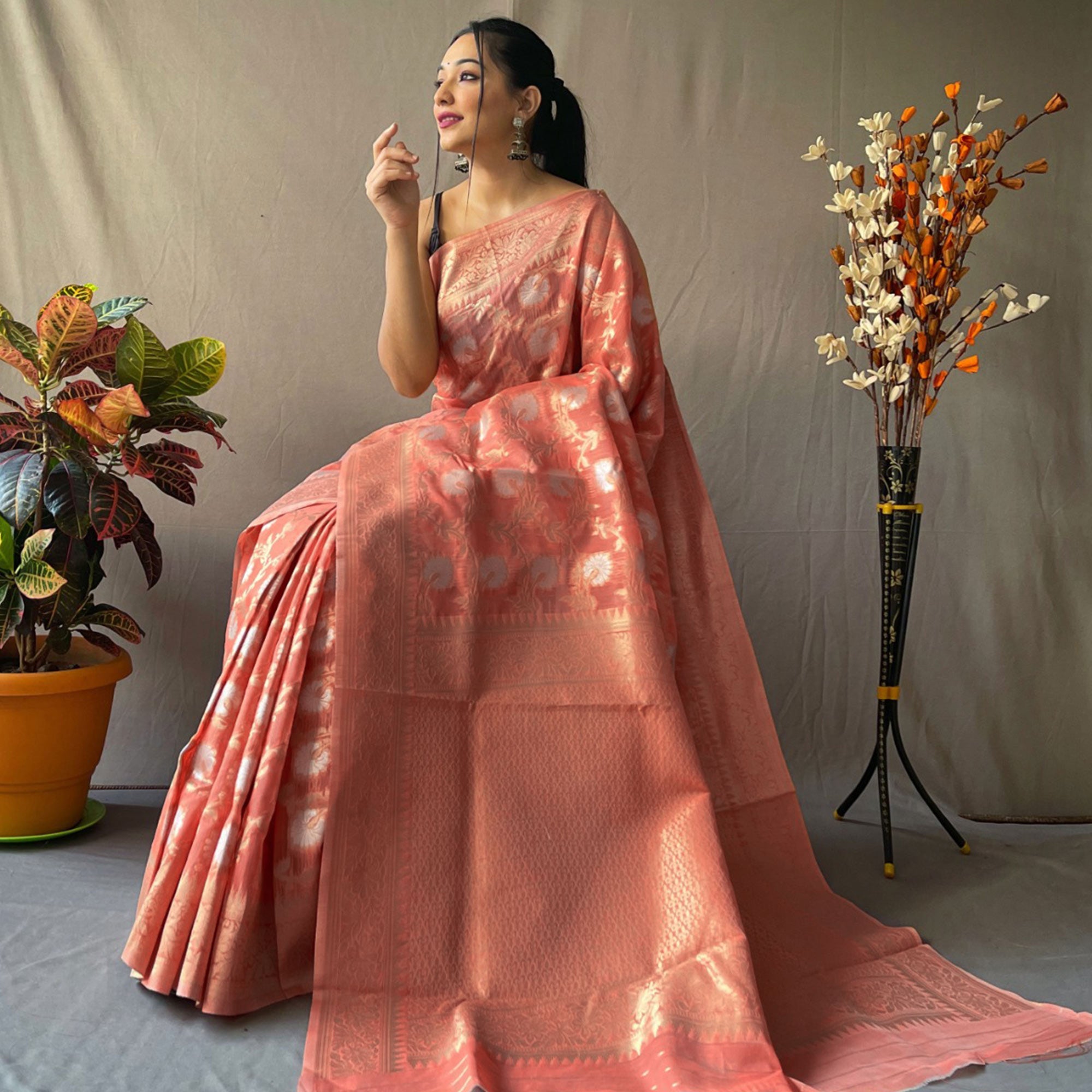 Peach Floral Woven Linen Saree