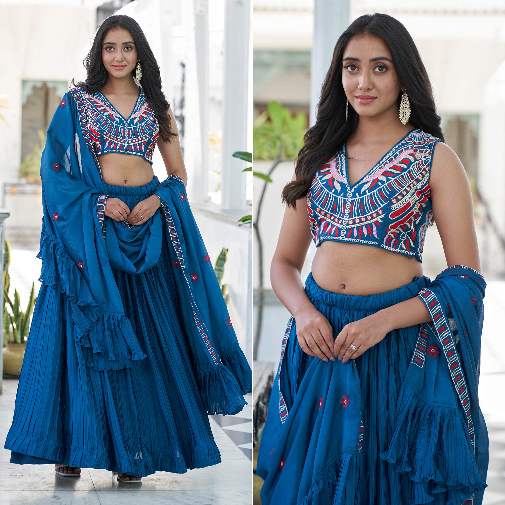 Blue Sequins Embroidered Chiffon Plated Lehenga Choli