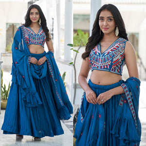 Blue Sequins Embroidered Chiffon Plated Lehenga Choli