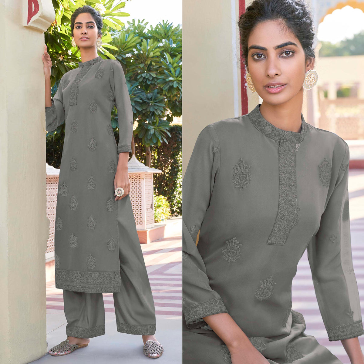 Grey Lucknowi Embroidered Georgette Kurti Palazzo Set - Image 3