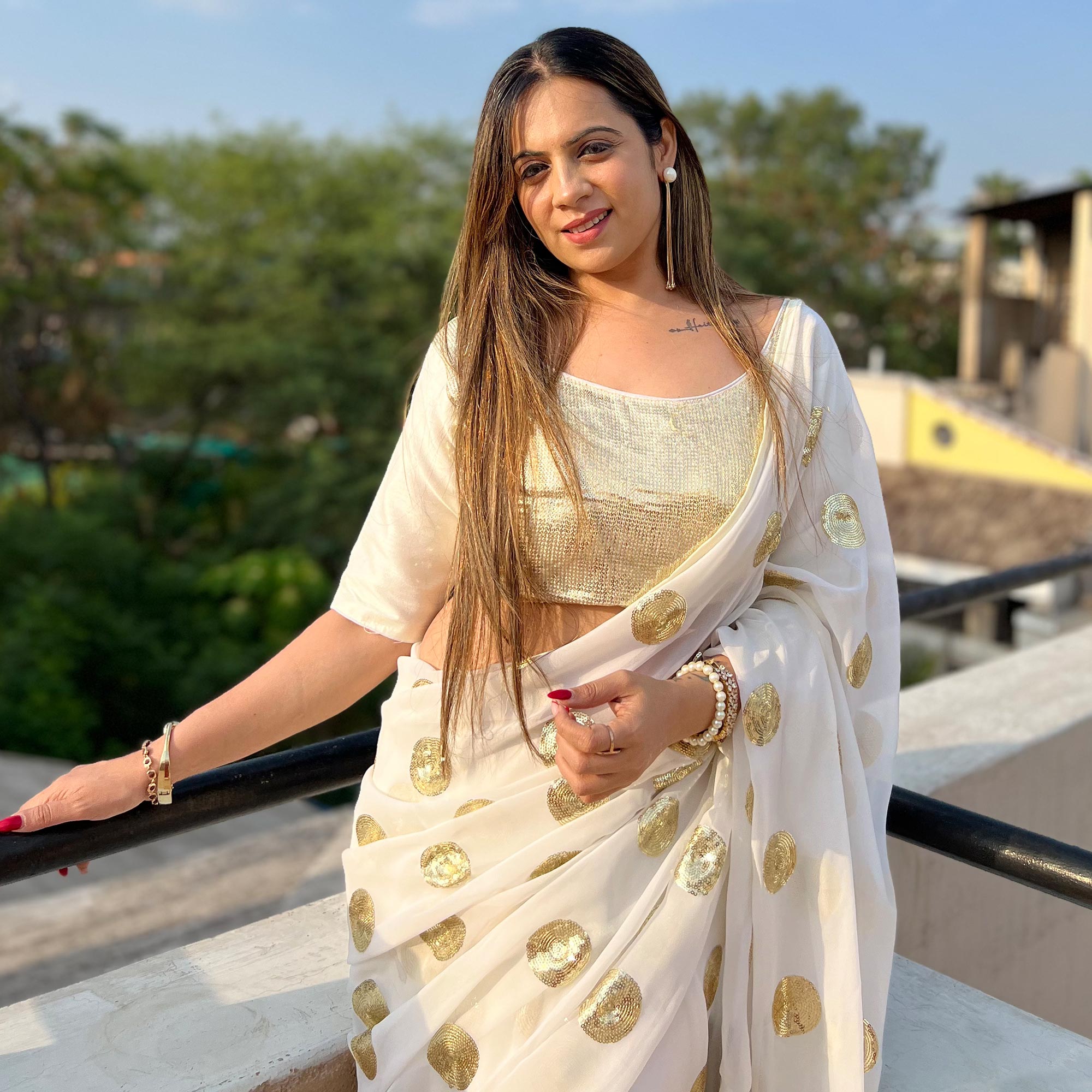 White Sequins Embroidered Georgette Saree