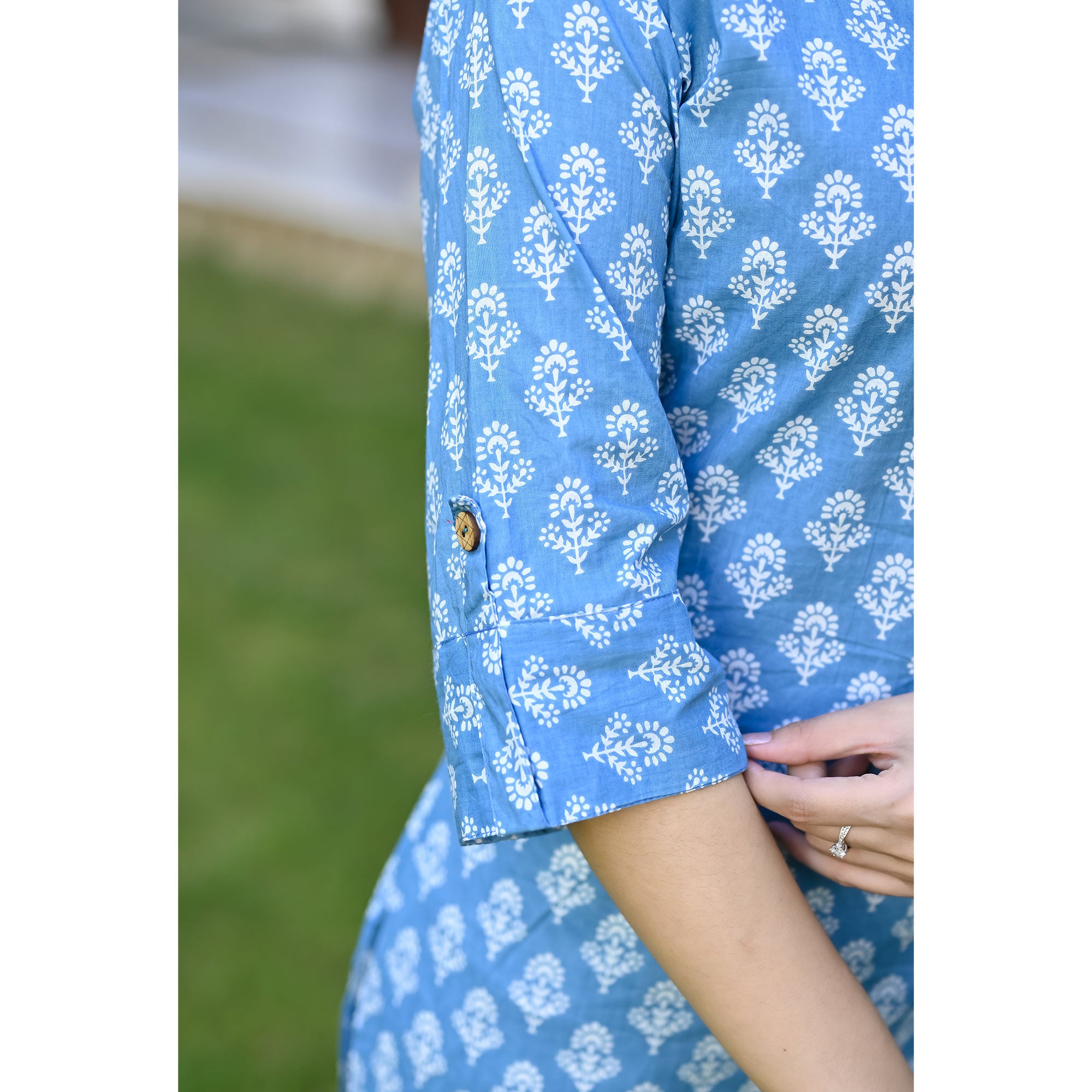 Blue Floral Printed Pure Cotton Kurti