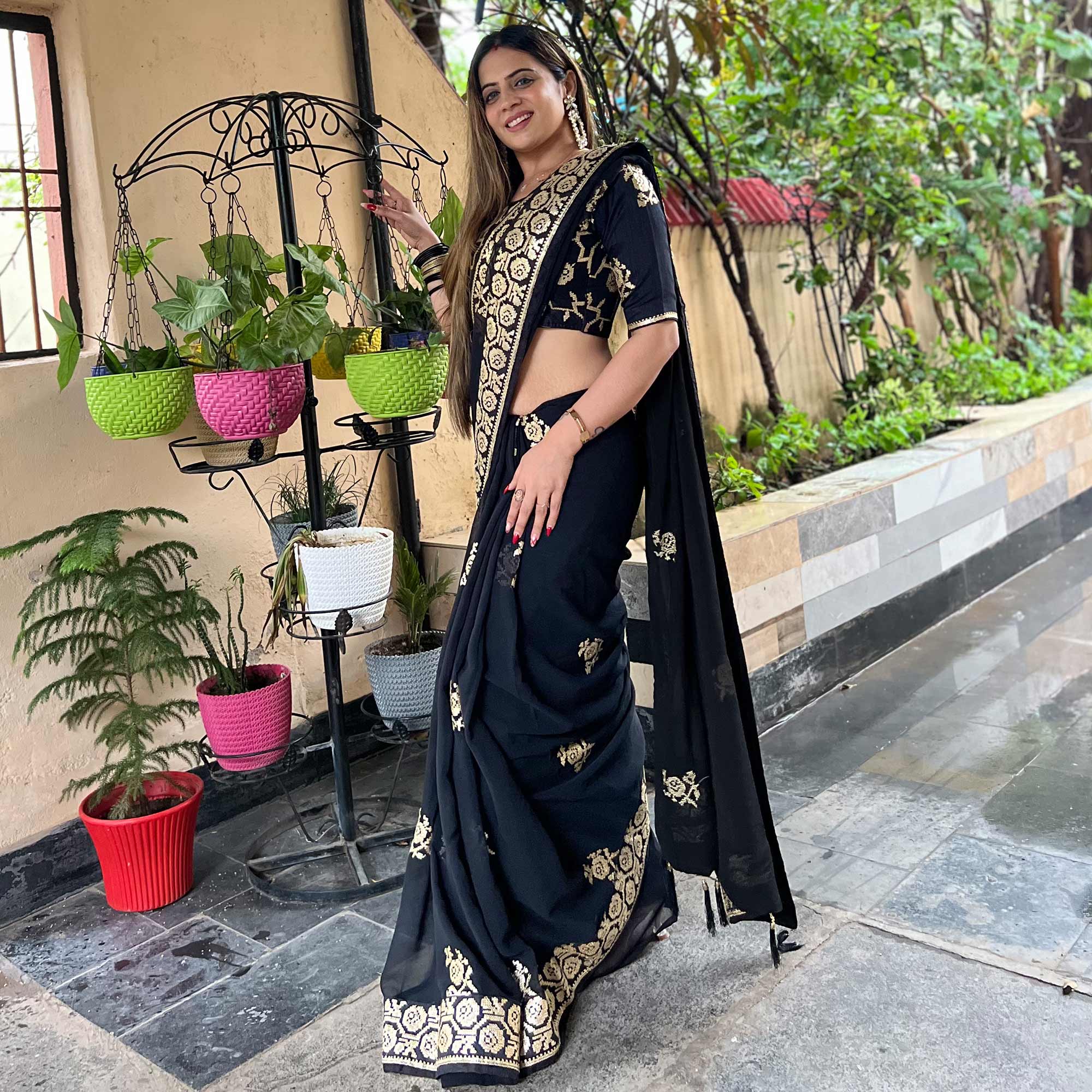 Black Sequins Embroidered Georgette Saree