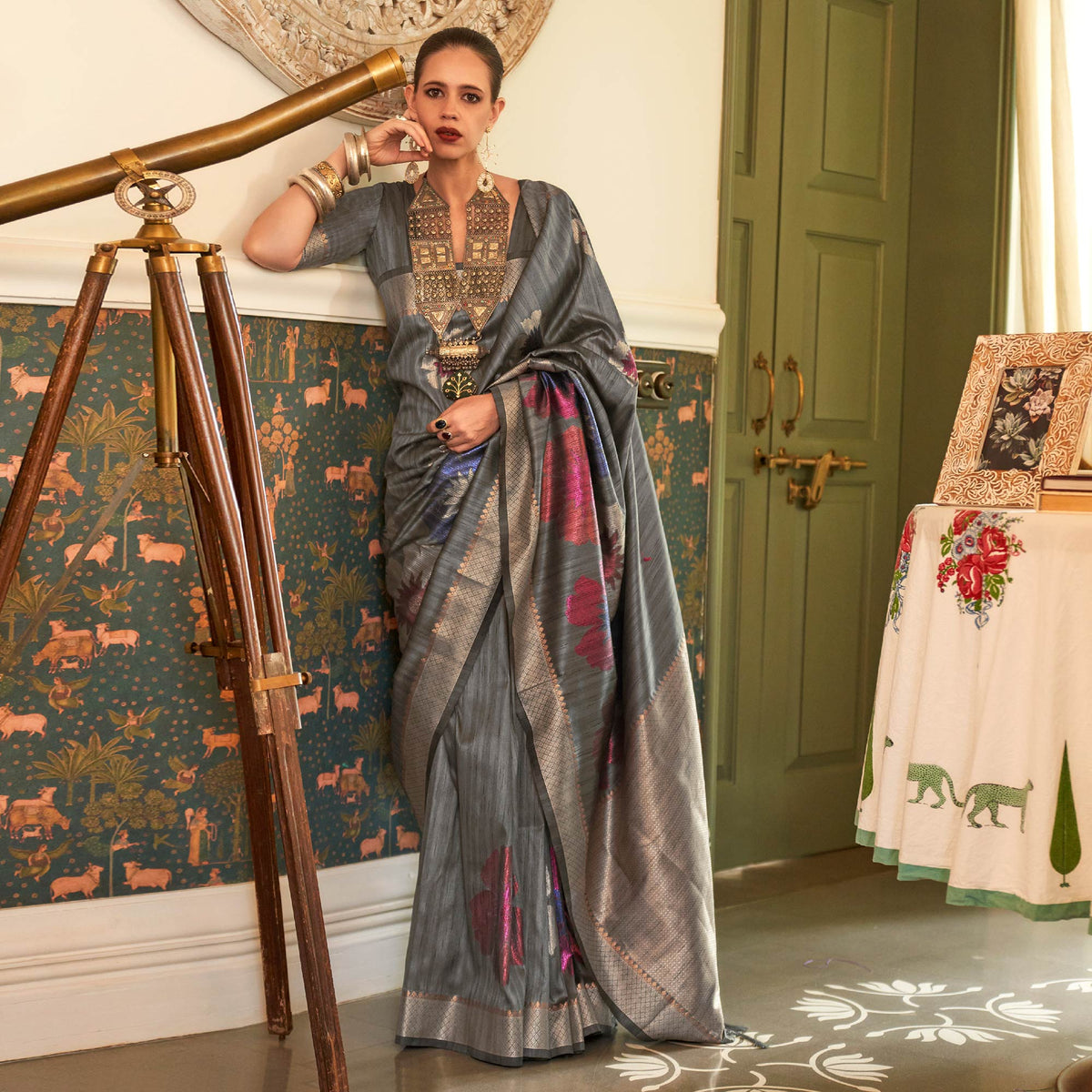 Grey Woven Art Silk Saree With Tassels - Image 2