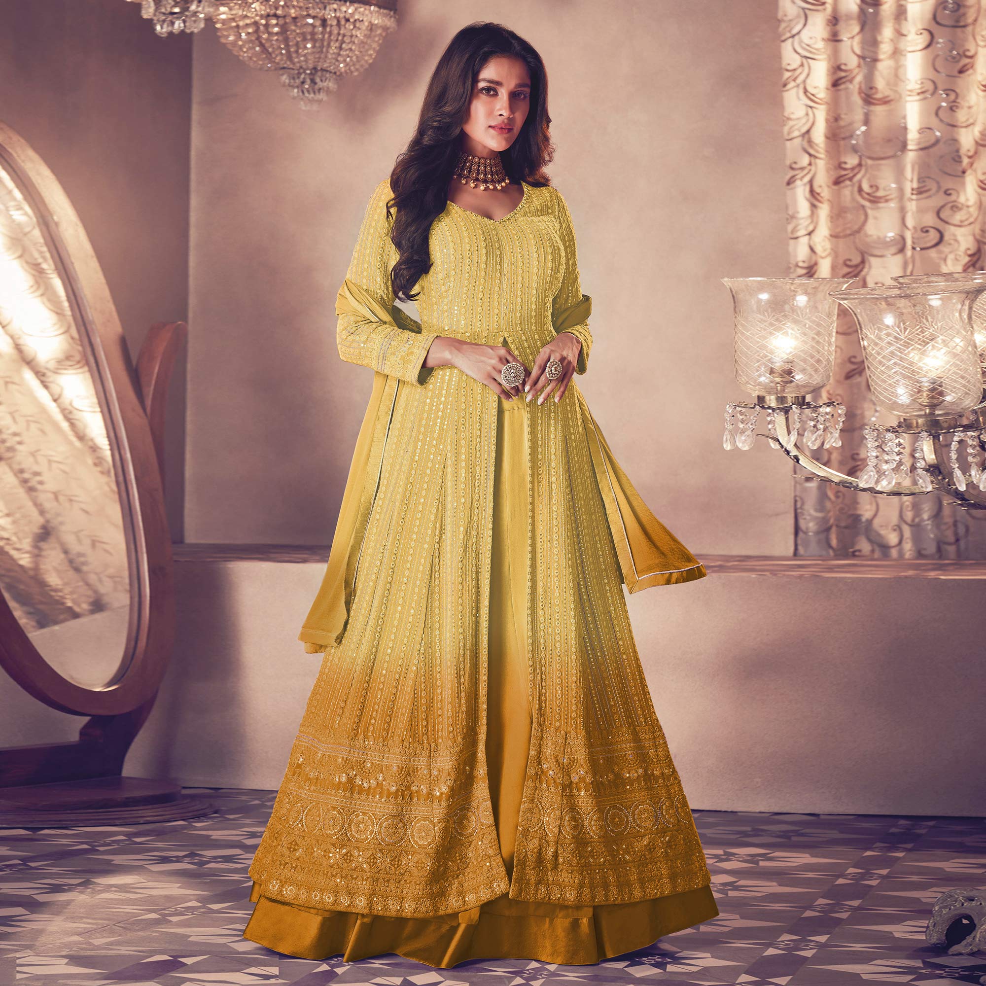 Yellow Sequins Embroidered Georgette Front Slit Suit