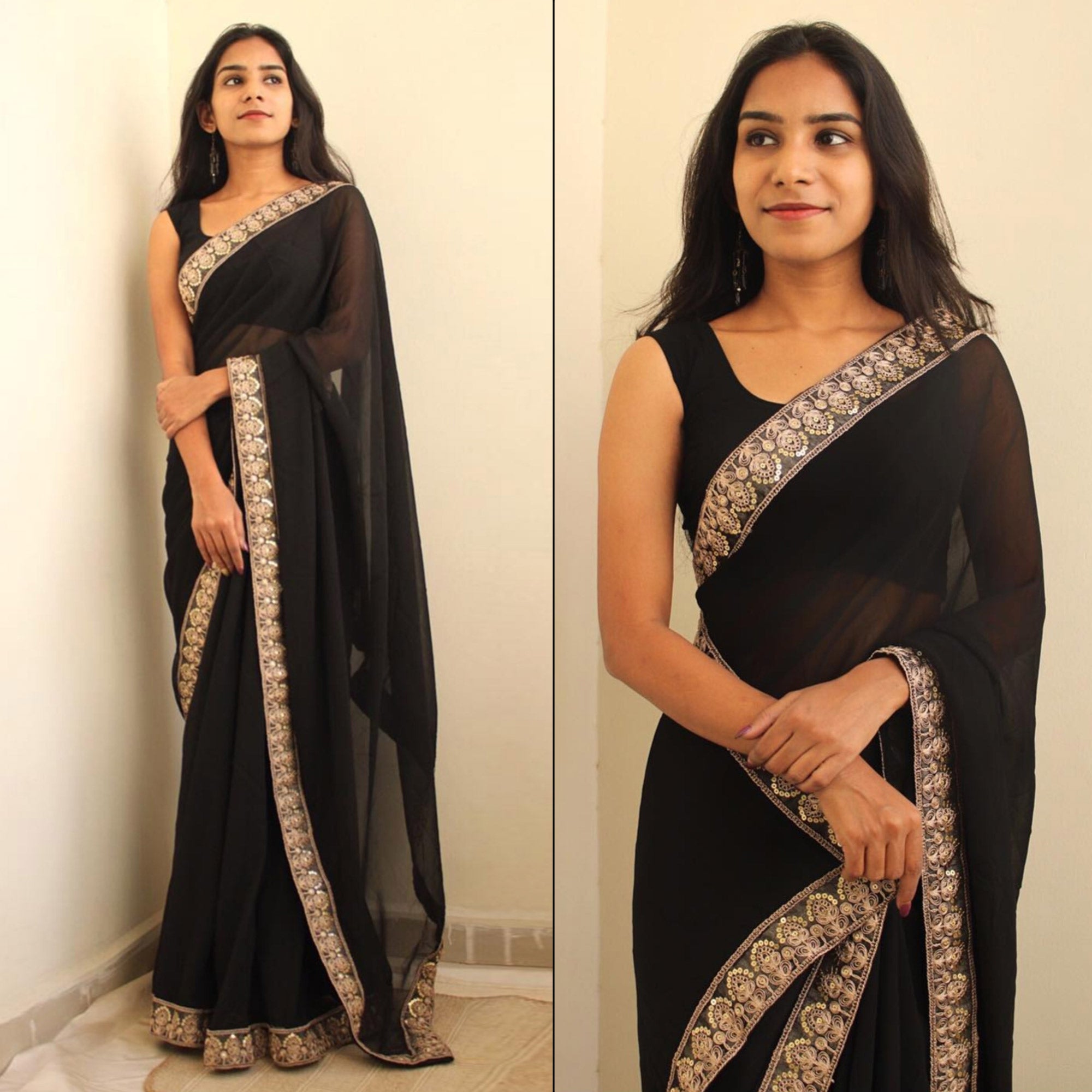 Black Sequins Embroidered Border Georgette Saree