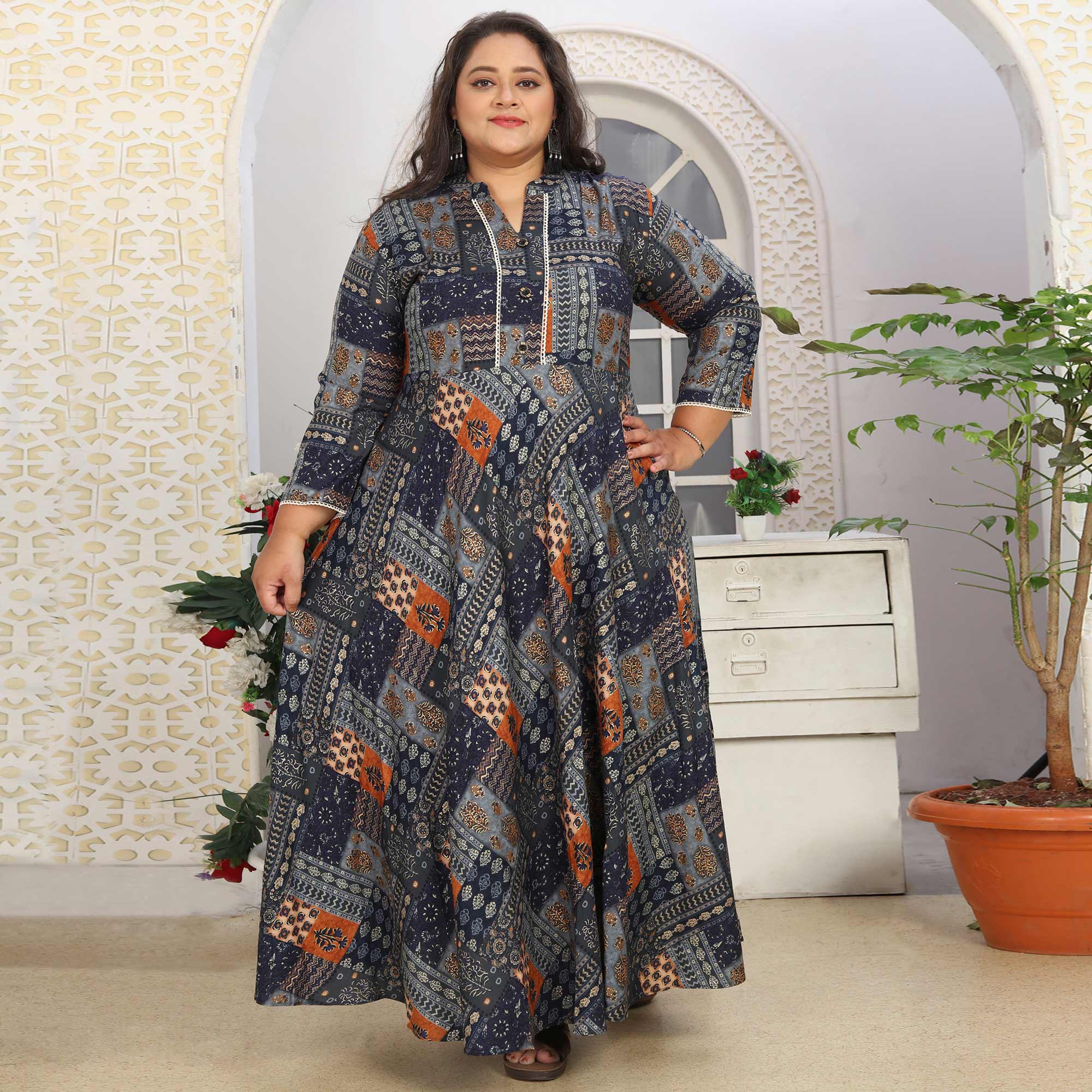 Blue Floral Printed Rayon Long Kurti