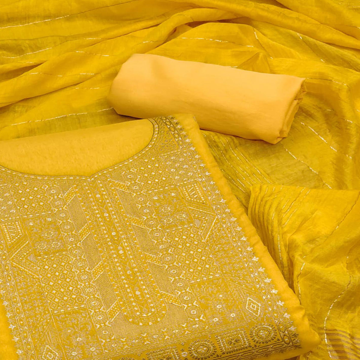 Yellow Woven Banarasi Silk Dress Material