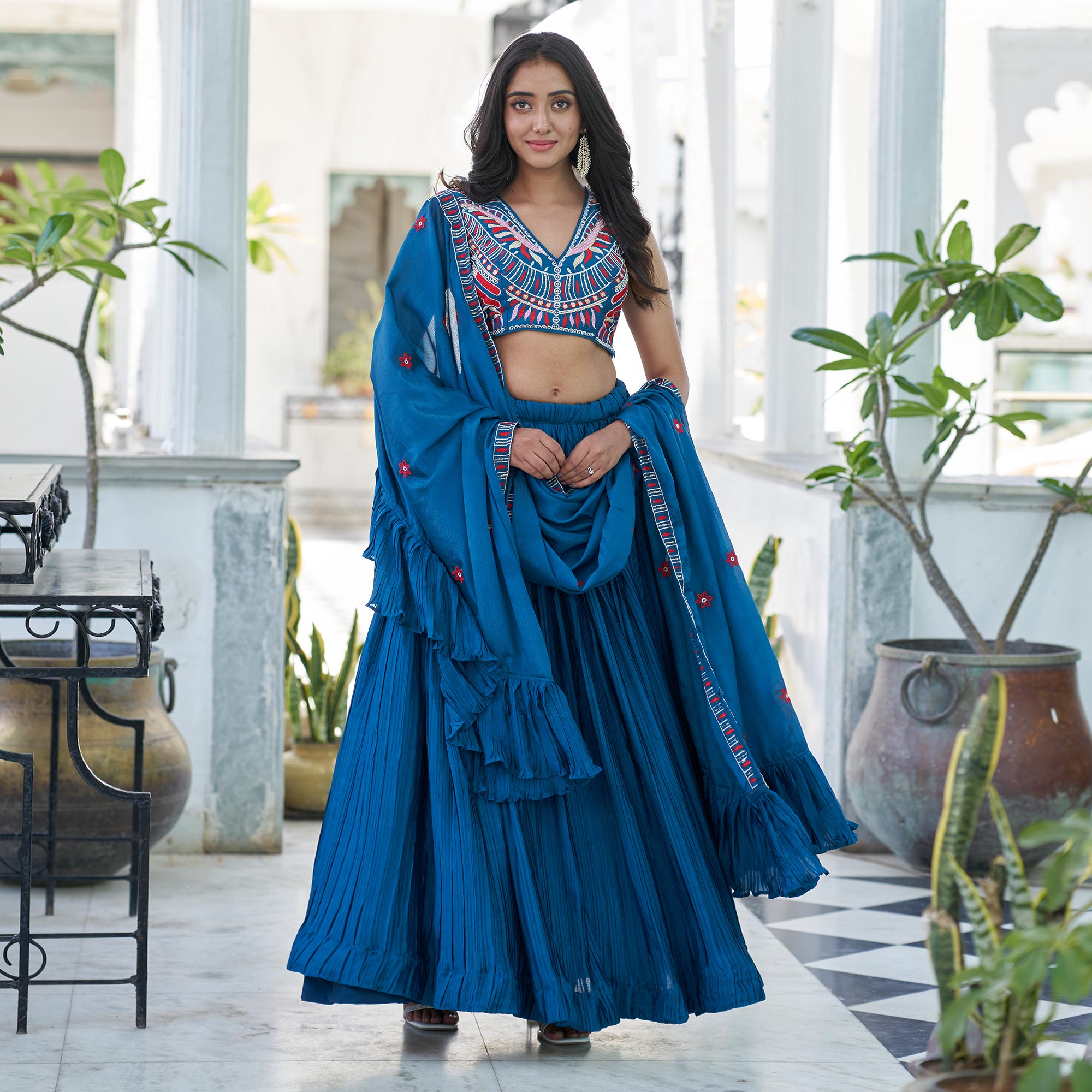 Blue Sequins Embroidered Chiffon Plated Lehenga Choli