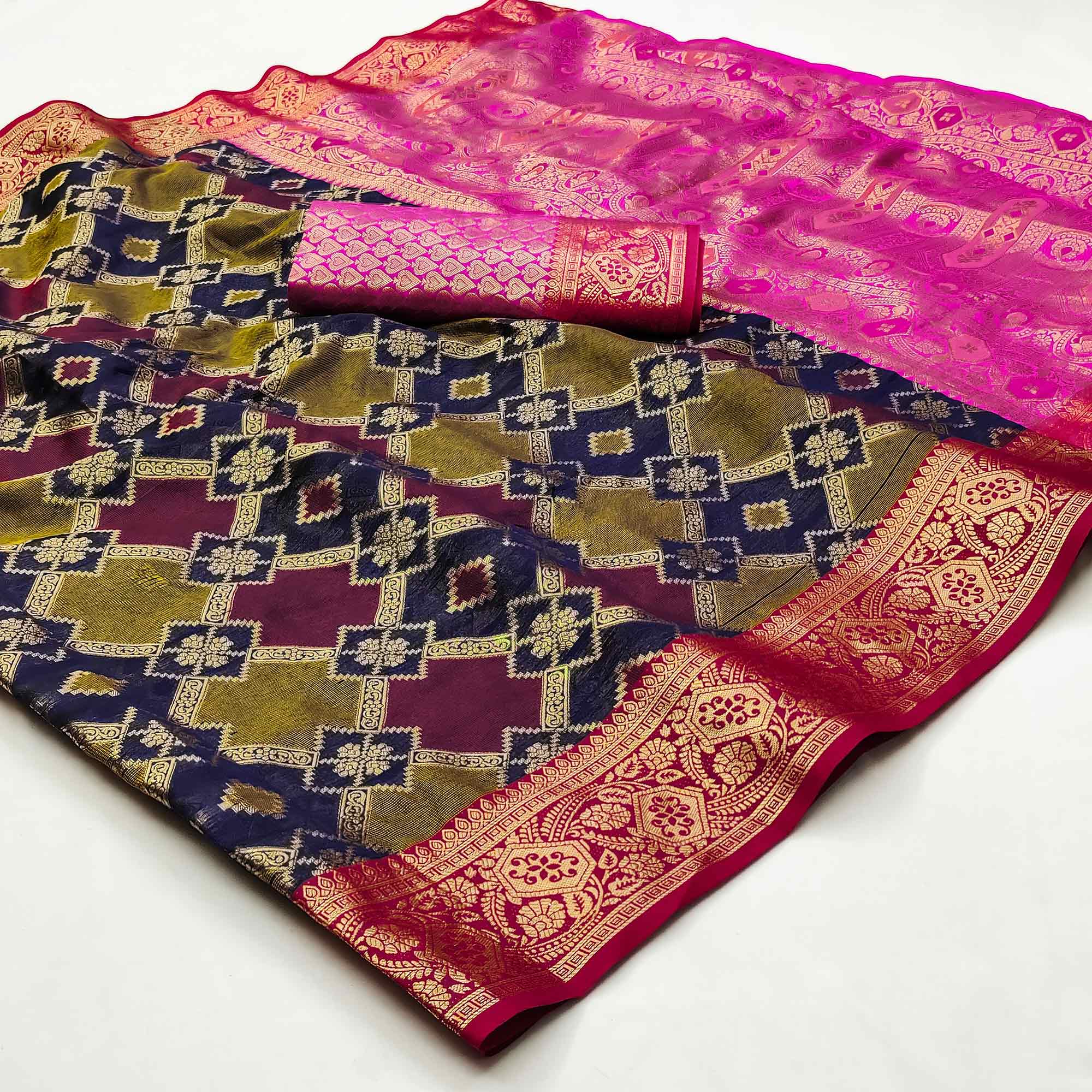 Multicolor Pink Woven Cotton Silk Saree