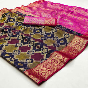 Multicolor Pink Woven Cotton Silk Saree