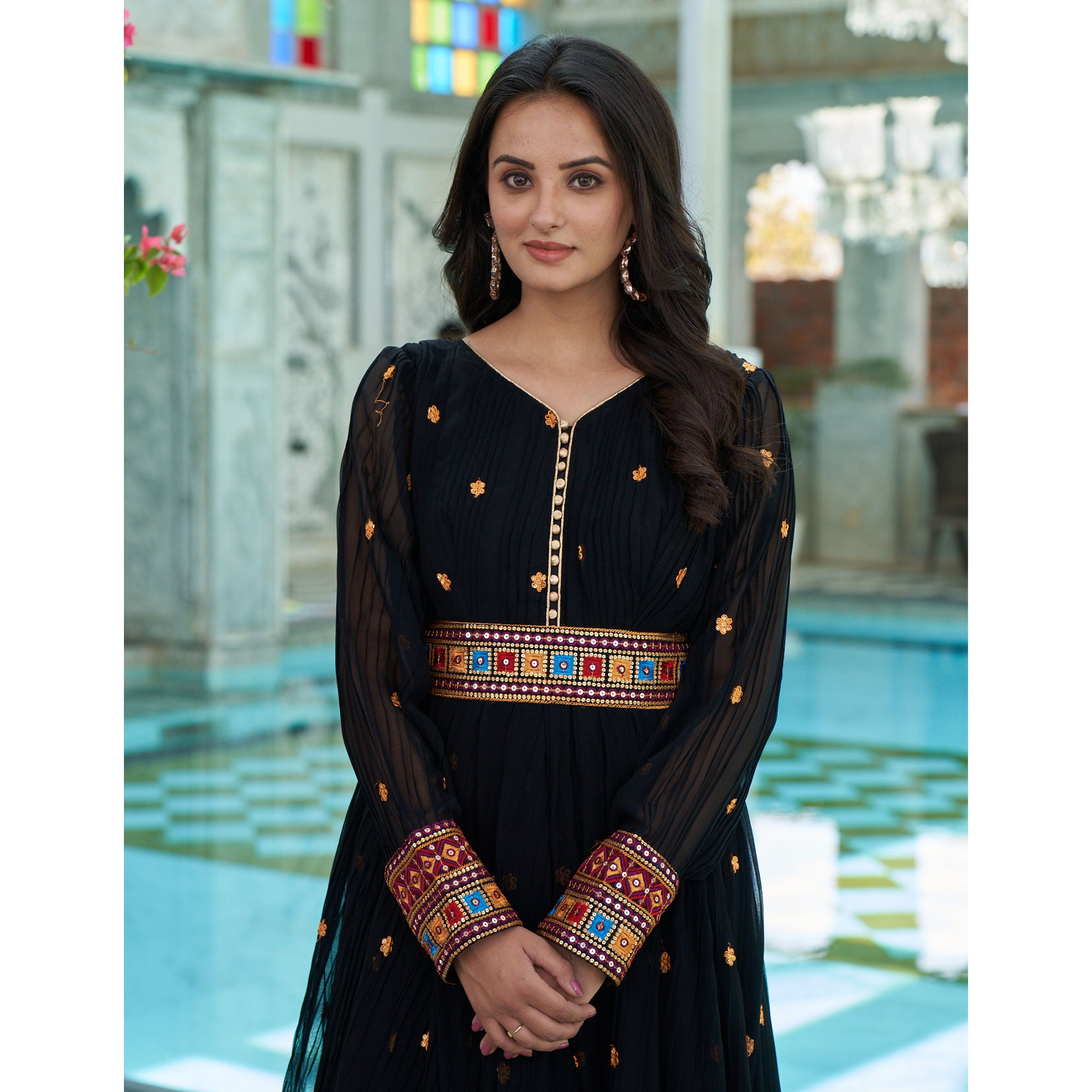 Black Floral Embroidered And Mirror Work Georgette Gown